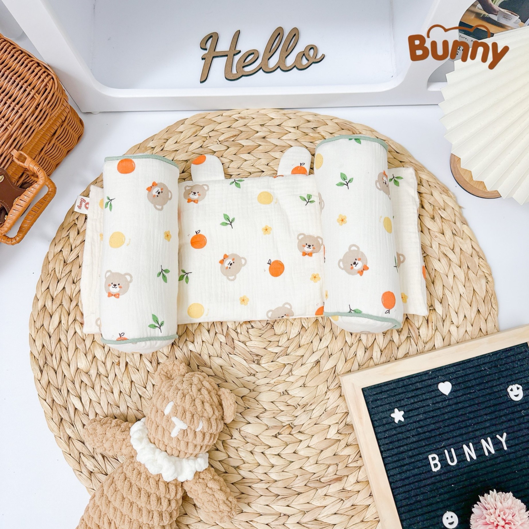 Gối định hình đầu cho bé Bunny vải xô Muslin cao cấp, gối chống méo đầu, gối chặn đa năng cho trẻ sơ sinh