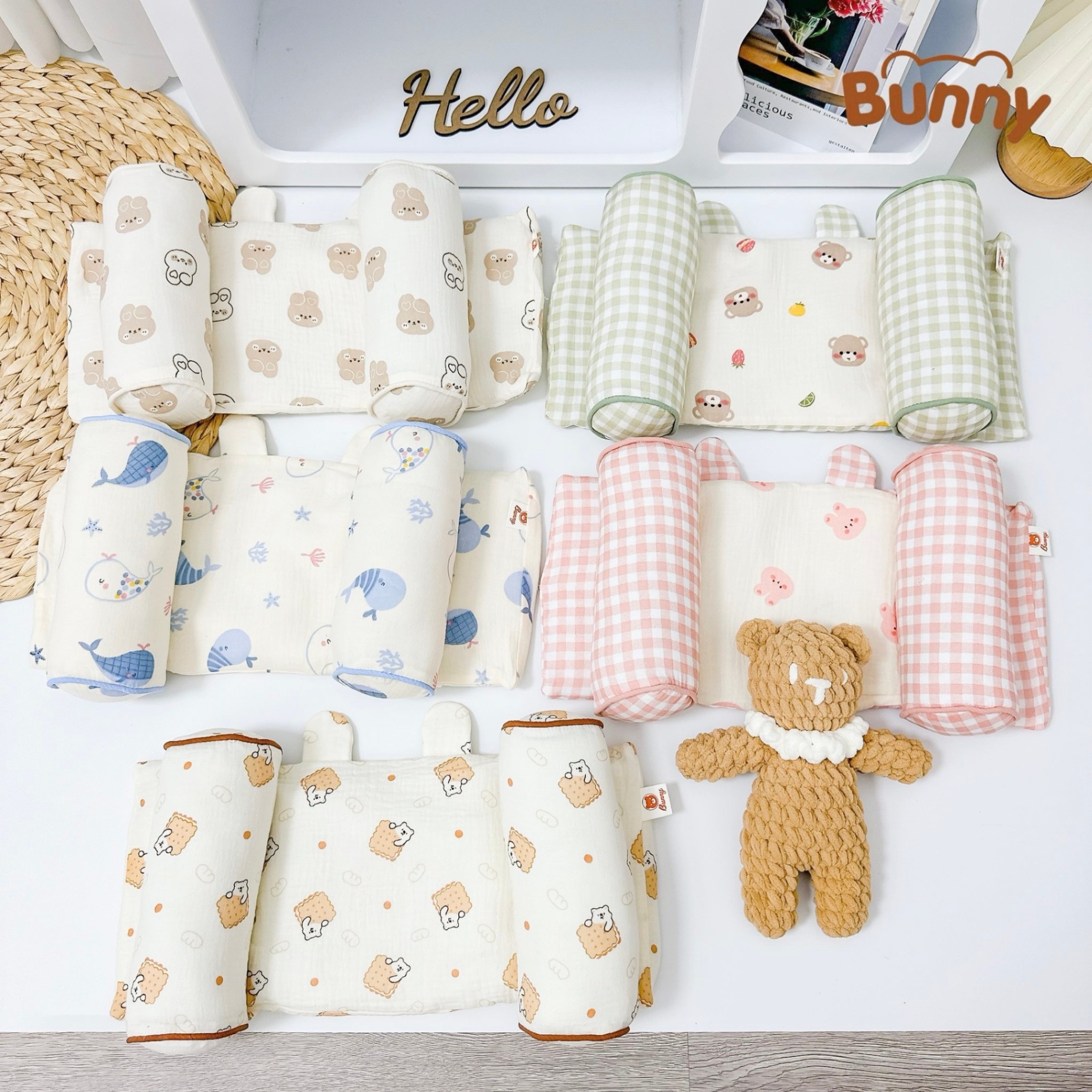 Gối định hình đầu cho bé Bunny vải xô Muslin cao cấp, gối chống méo đầu, gối chặn đa năng cho trẻ sơ sinh