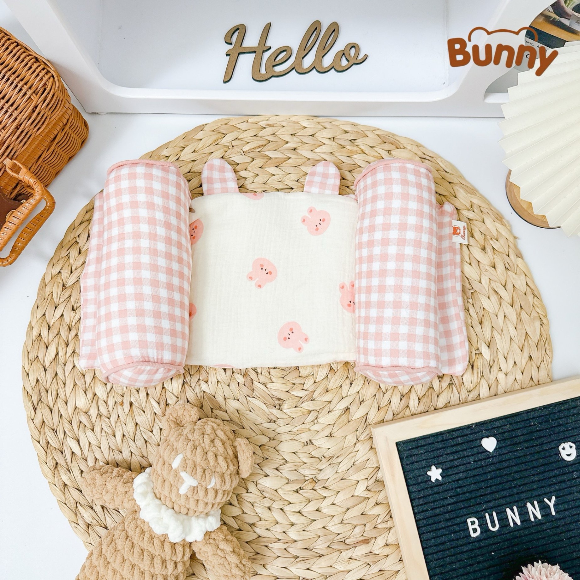 Gối định hình đầu cho bé Bunny vải xô Muslin cao cấp, gối chống méo đầu, gối chặn đa năng cho trẻ sơ sinh