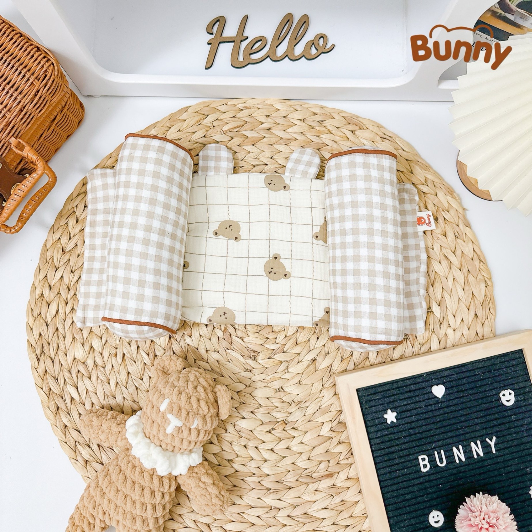 Gối định hình đầu cho bé Bunny vải xô Muslin cao cấp, gối chống méo đầu, gối chặn đa năng cho trẻ sơ sinh