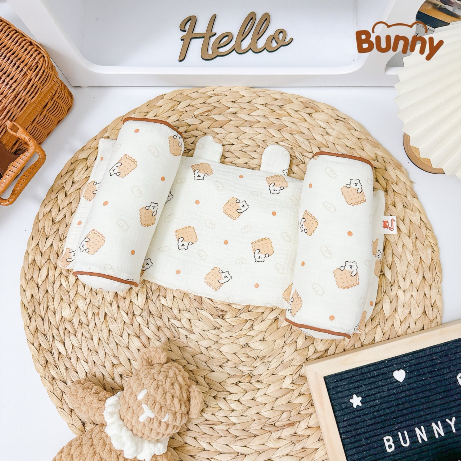 Gối định hình đầu cho bé Bunny vải xô Muslin cao cấp, gối chống méo đầu, gối chặn đa năng cho trẻ sơ sinh