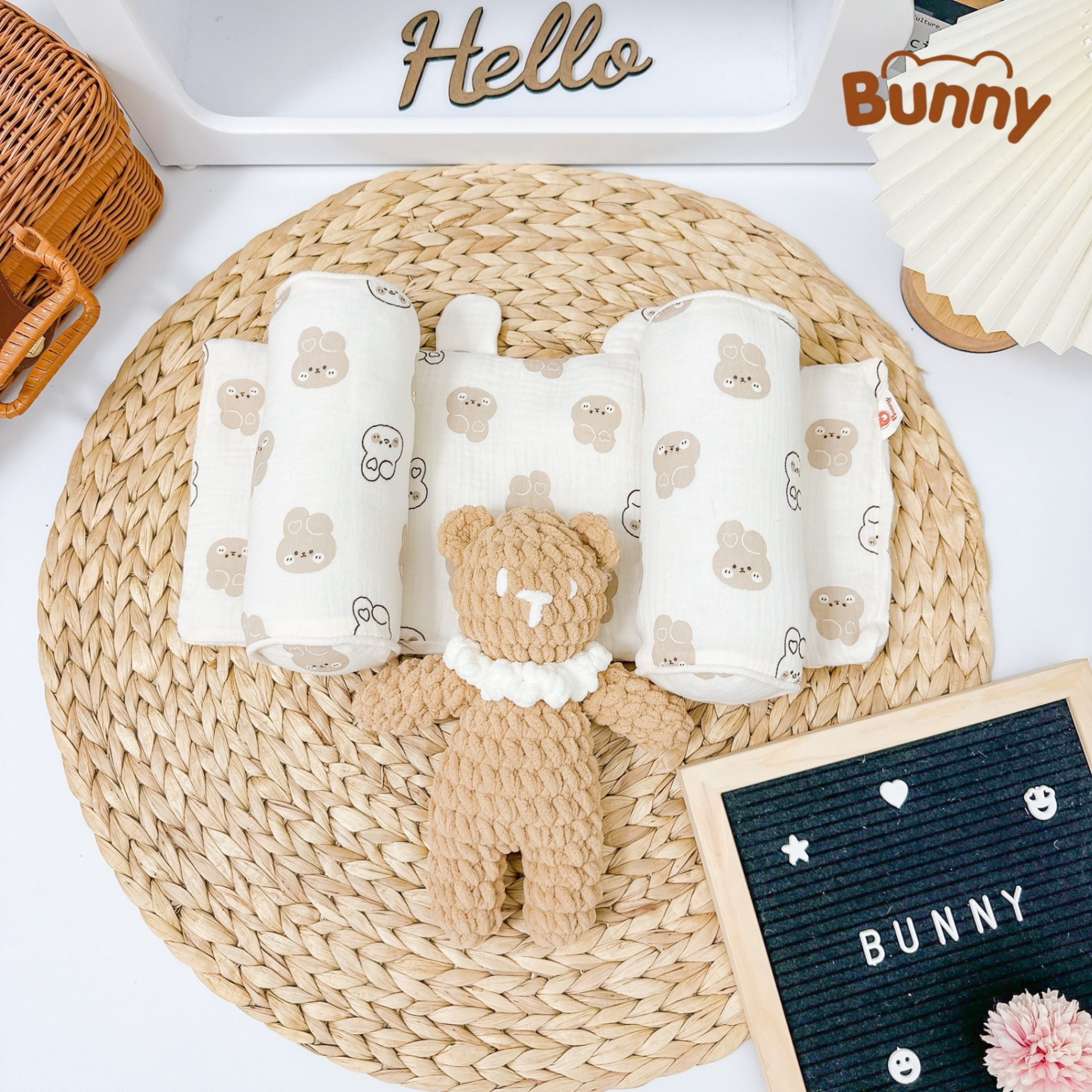 Gối định hình đầu cho bé Bunny vải xô Muslin cao cấp, gối chống méo đầu, gối chặn đa năng cho trẻ sơ sinh