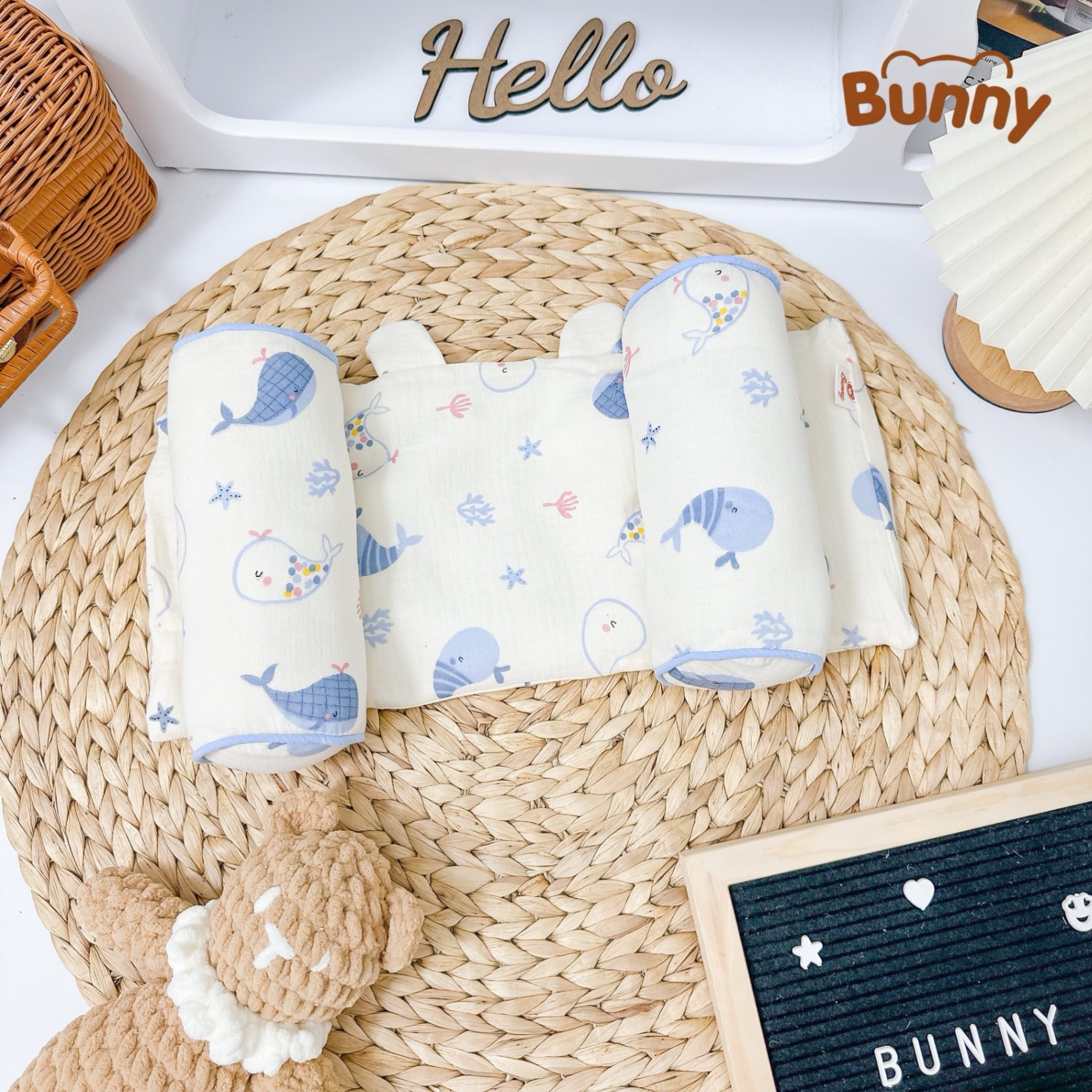 Gối định hình đầu cho bé Bunny vải xô Muslin cao cấp, gối chống méo đầu, gối chặn đa năng cho trẻ sơ sinh