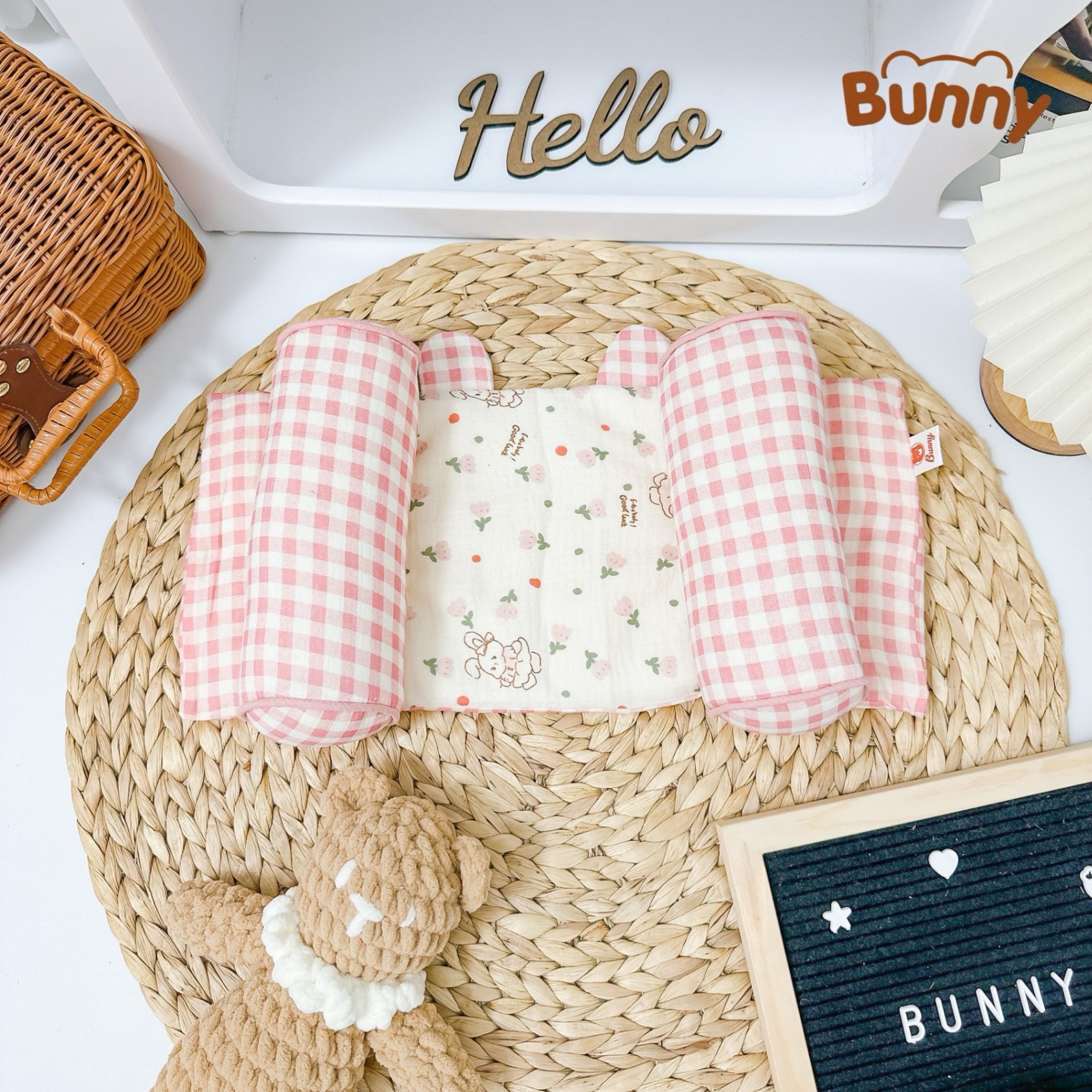 Gối định hình đầu cho bé Bunny vải xô Muslin cao cấp, gối chống méo đầu, gối chặn đa năng cho trẻ sơ sinh