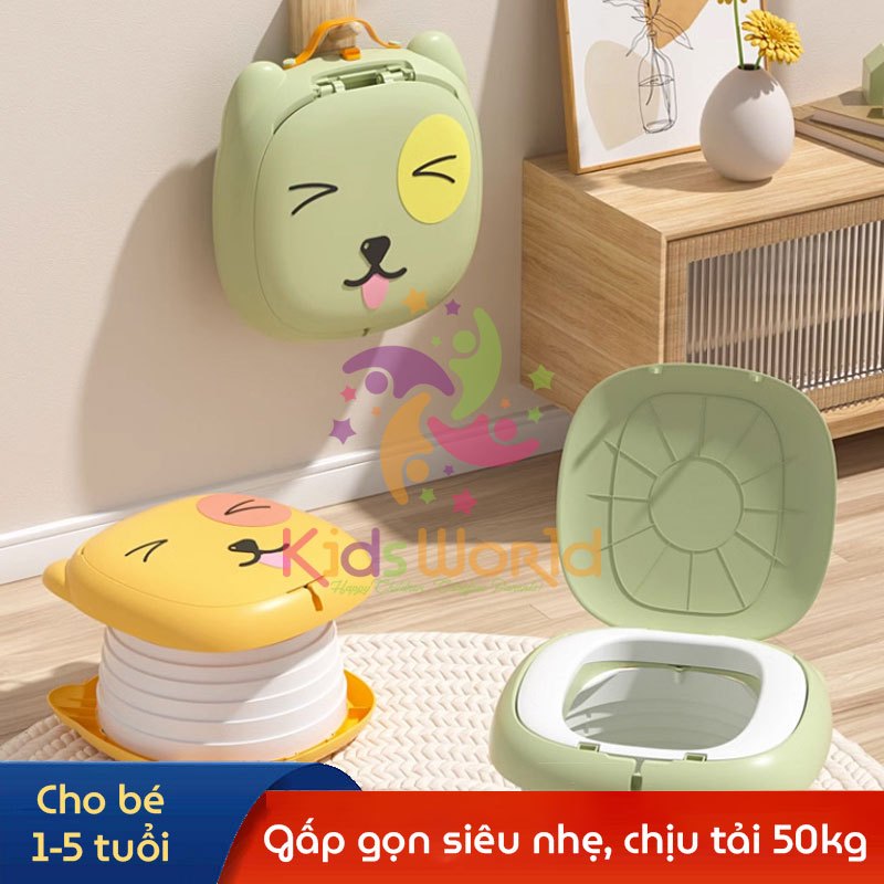 Bô vệ sinh cho bé gấp gọn di động KidAndMom 2in1 hình mèo kiêm ghế ngồi chịu tải 50kg tiện dụng đi du lịch, dùng trên ô tô