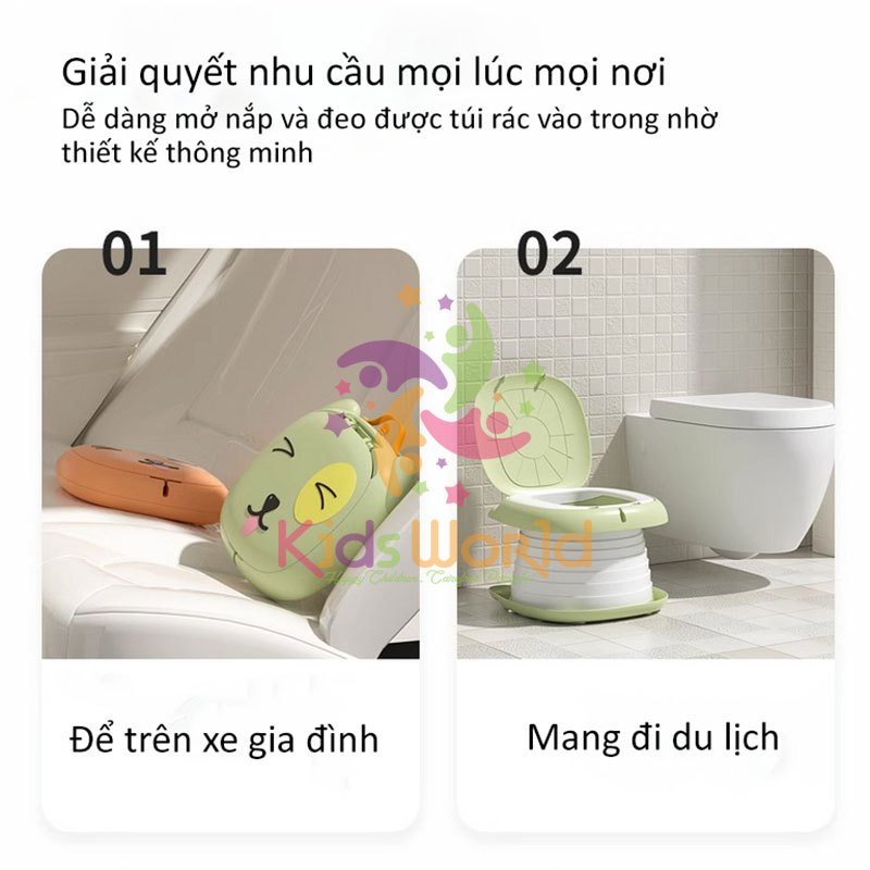 Bô vệ sinh cho bé gấp gọn di động KidAndMom 2in1 hình mèo kiêm ghế ngồi chịu tải 50kg tiện dụng đi du lịch, dùng trên ô tô