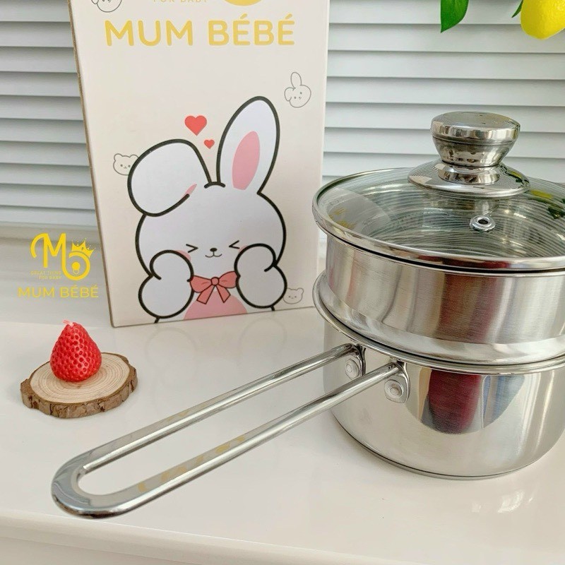 Nồi nấu cháo ăn dặm cho bé Mumbebe size 14cm, 16cm chất liệu Inox 304, quánh nấu đồ ăn dặm cho bé dùng mọi loại bếp