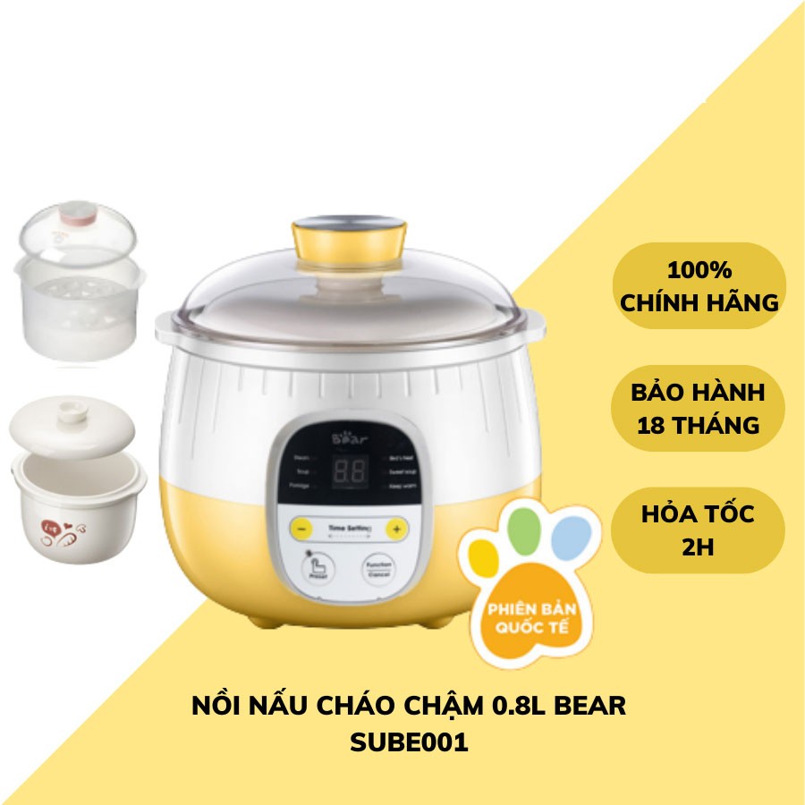 Nồi nấu cháo chậm Bear SUBE001 dung tích 0,8L cho bé ăn dặm với 6 chức năng ninh hầm hấp cách thuỷ chưng yến