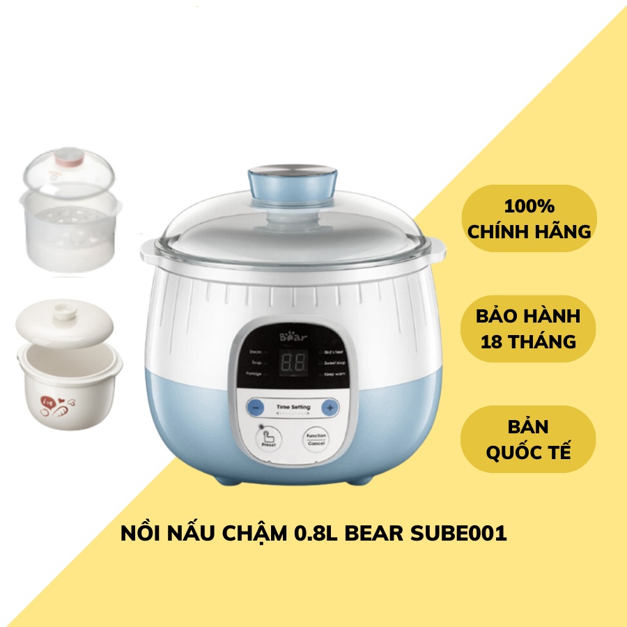 Nồi nấu cháo chậm Bear SUBE001 dung tích 0,8L cho bé ăn dặm với 6 chức năng ninh hầm hấp cách thuỷ chưng yến