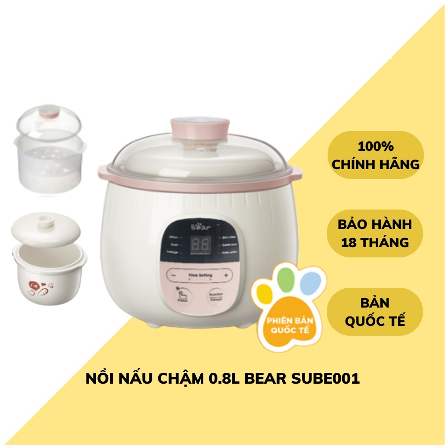 Nồi nấu cháo chậm Bear SUBE001 dung tích 0,8L cho bé ăn dặm với 6 chức năng ninh hầm hấp cách thuỷ chưng yến