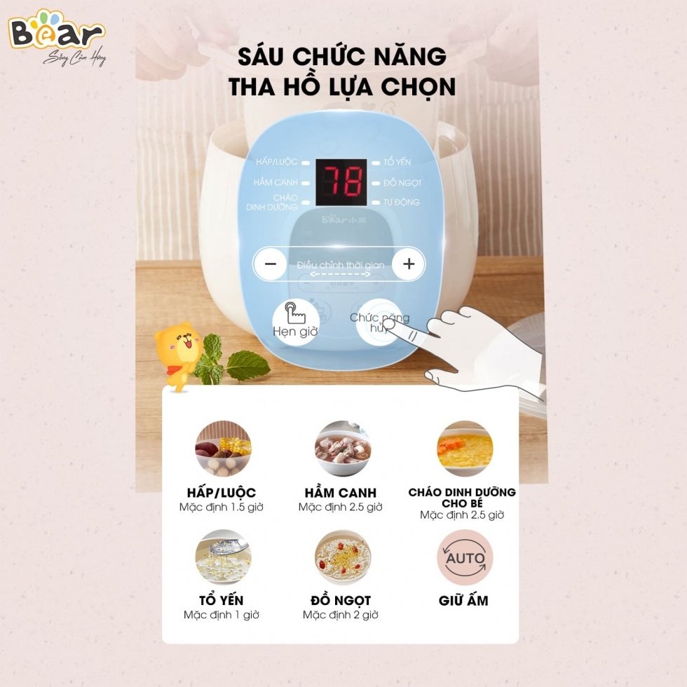 Nồi nấu cháo chậm Bear SUBE001 dung tích 0,8L cho bé ăn dặm với 6 chức năng ninh hầm hấp cách thuỷ chưng yến