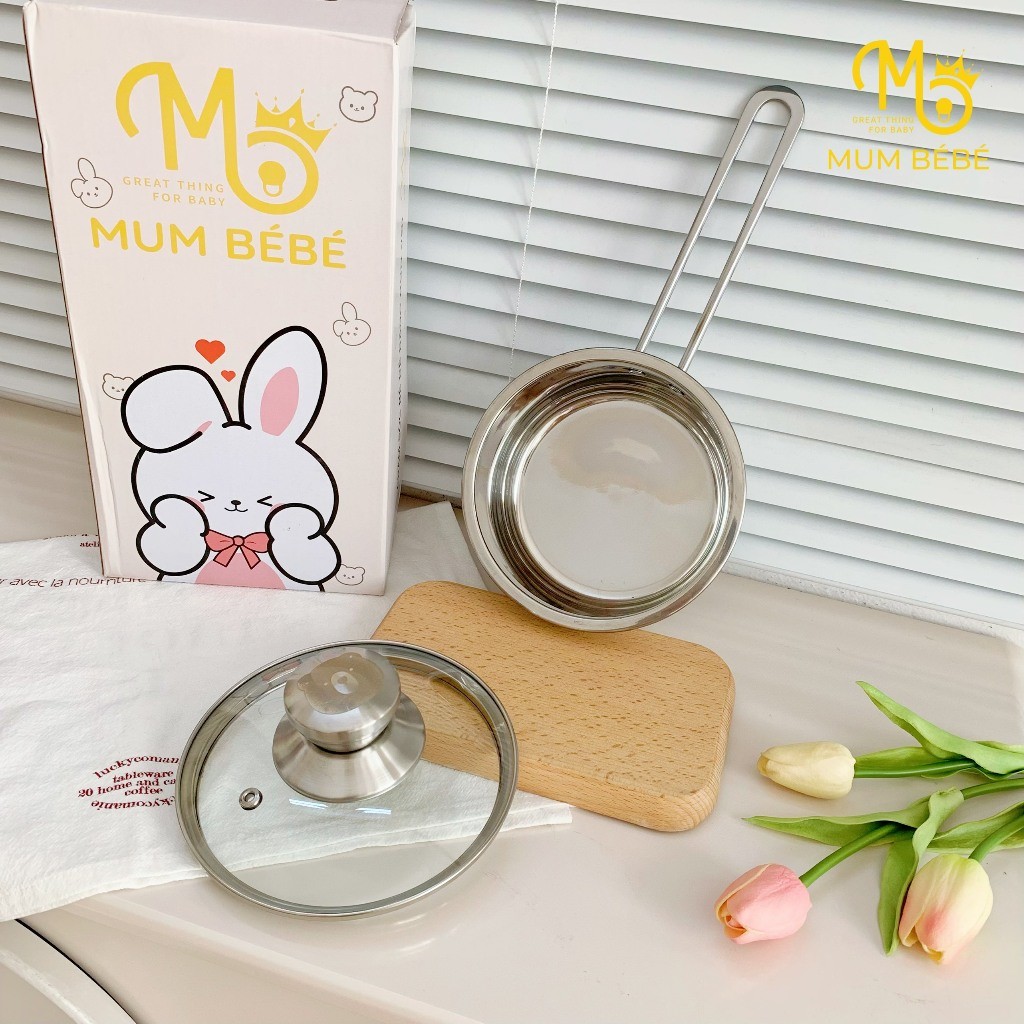 Nồi nấu cháo ăn dặm cho bé Mumbebe size 14cm, 16cm chất liệu Inox 304, quánh nấu đồ ăn dặm cho bé dùng mọi loại bếp