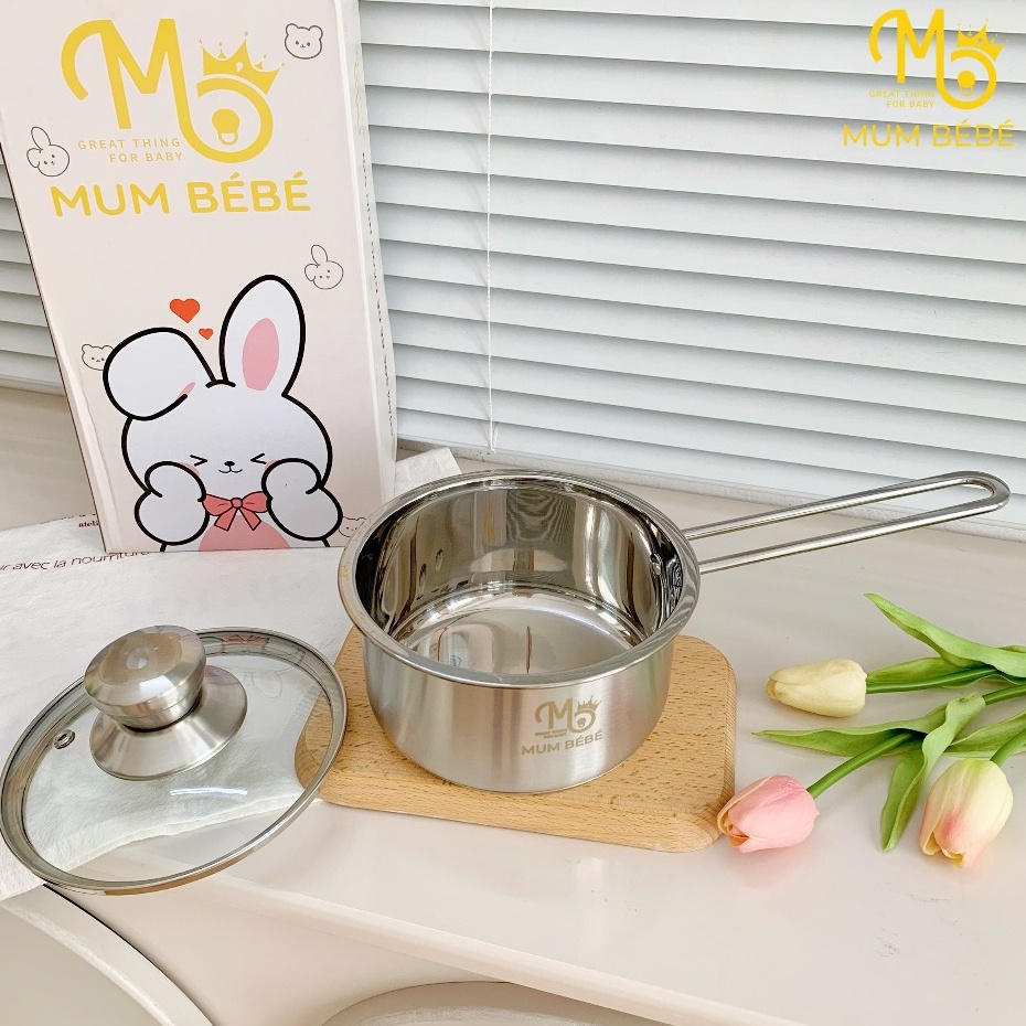 Nồi nấu cháo ăn dặm cho bé Mumbebe size 14cm, 16cm chất liệu Inox 304, quánh nấu đồ ăn dặm cho bé dùng mọi loại bếp