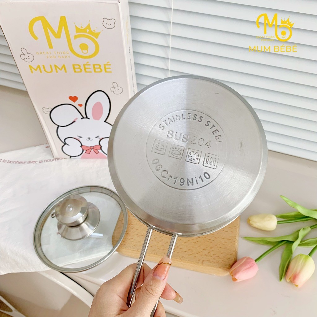 Nồi nấu cháo ăn dặm cho bé Mumbebe size 14cm, 16cm chất liệu Inox 304, quánh nấu đồ ăn dặm cho bé dùng mọi loại bếp