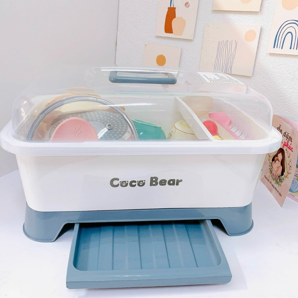 Khay úp bình sữa, chén bát ăn dặm Coco Bear cho bé kệ up chén bát có nắp đậy khay hứng thoát nước an toàn