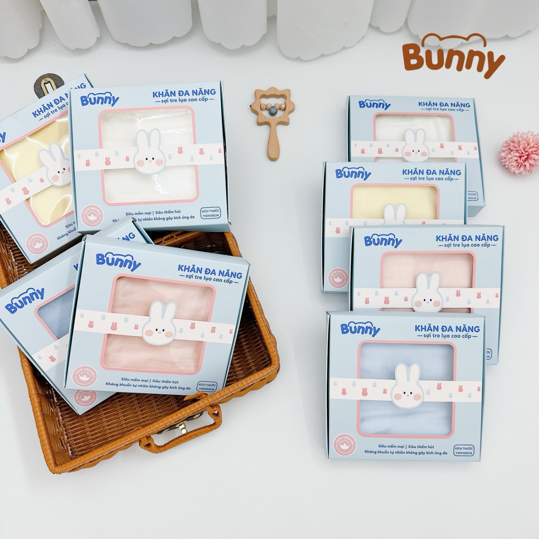 Khăn sợi tre lụa cho bé Bunny đa năng làm khăn tắm, khăn quấn, chăn đắp điều hoà, mềm mịn thoáng nhẹ, an toàn với làn da nhạy cảm kích thước 110x100cm