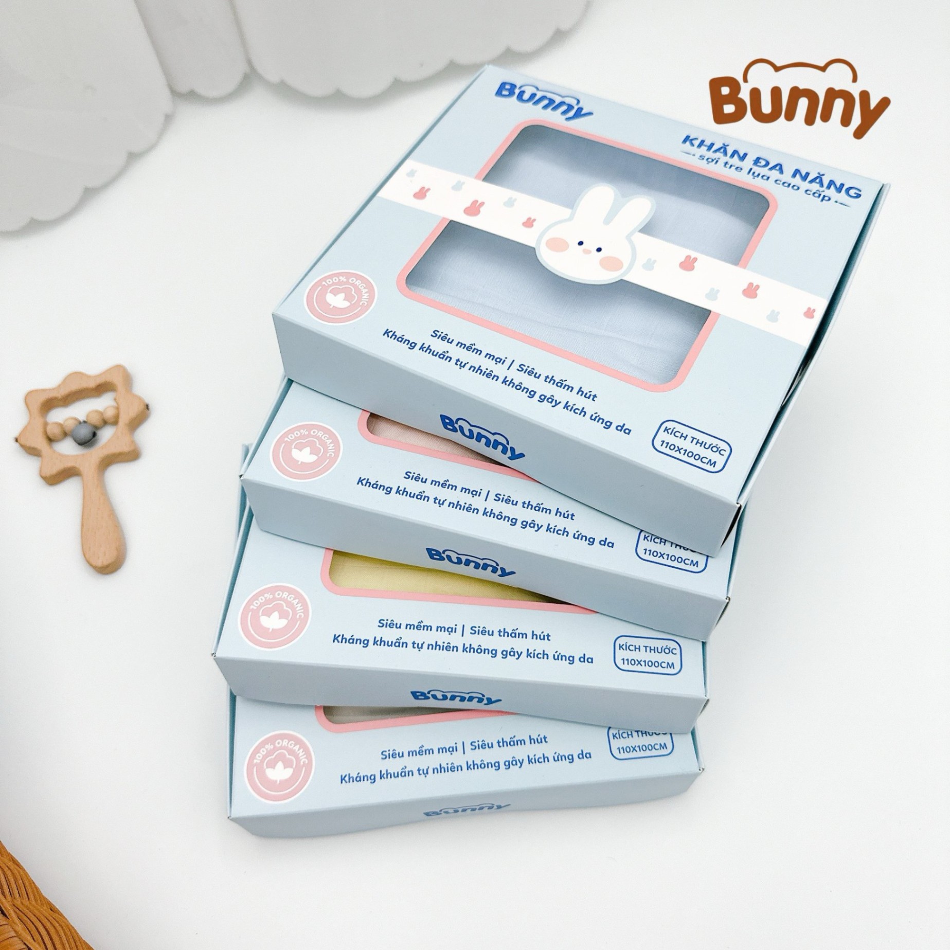 Khăn sợi tre lụa cho bé Bunny đa năng làm khăn tắm, khăn quấn, chăn đắp điều hoà, mềm mịn thoáng nhẹ, an toàn với làn da nhạy cảm kích thước 110x100cm