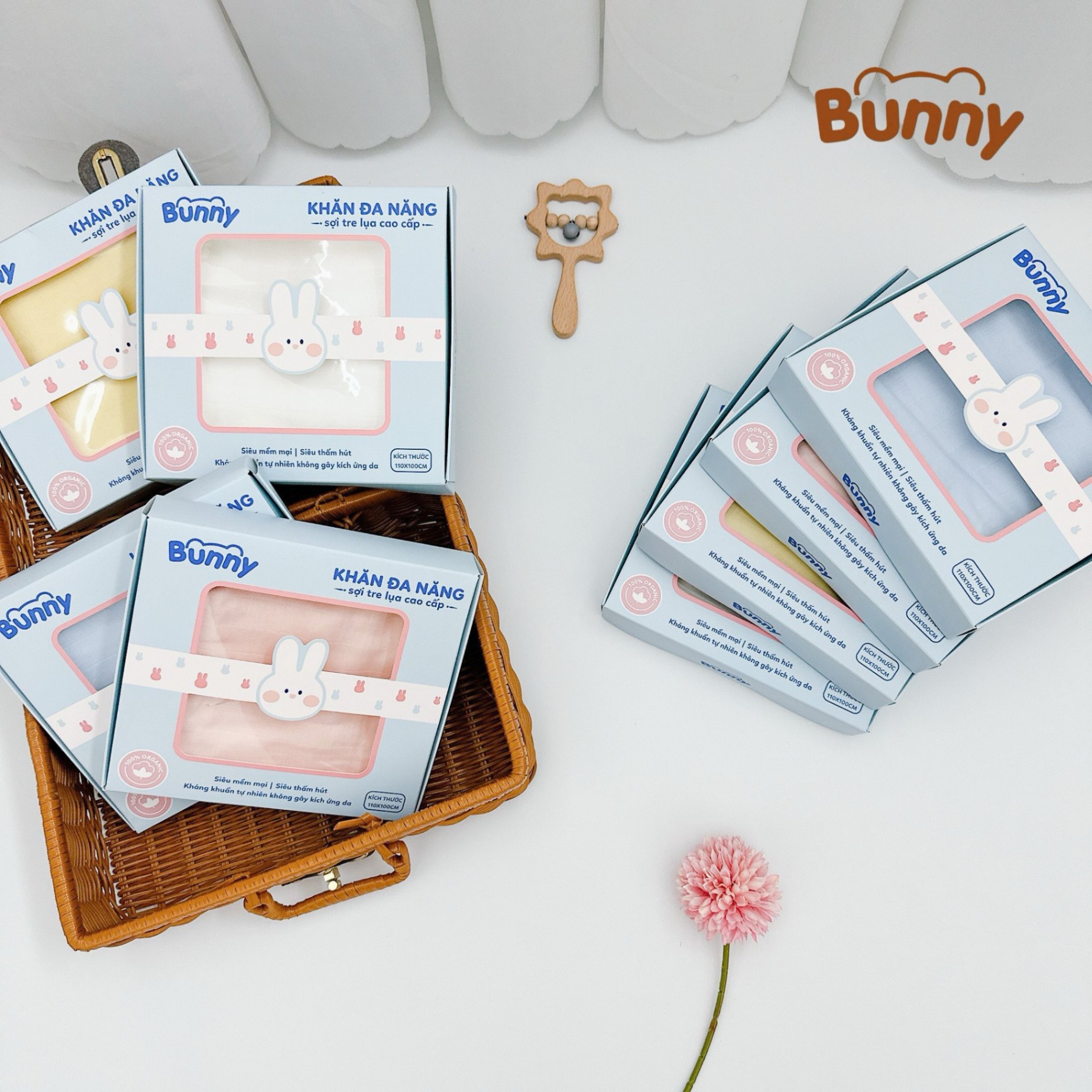 Khăn sợi tre lụa cho bé Bunny đa năng làm khăn tắm, khăn quấn, chăn đắp điều hoà, mềm mịn thoáng nhẹ, an toàn với làn da nhạy cảm kích thước 110x100cm