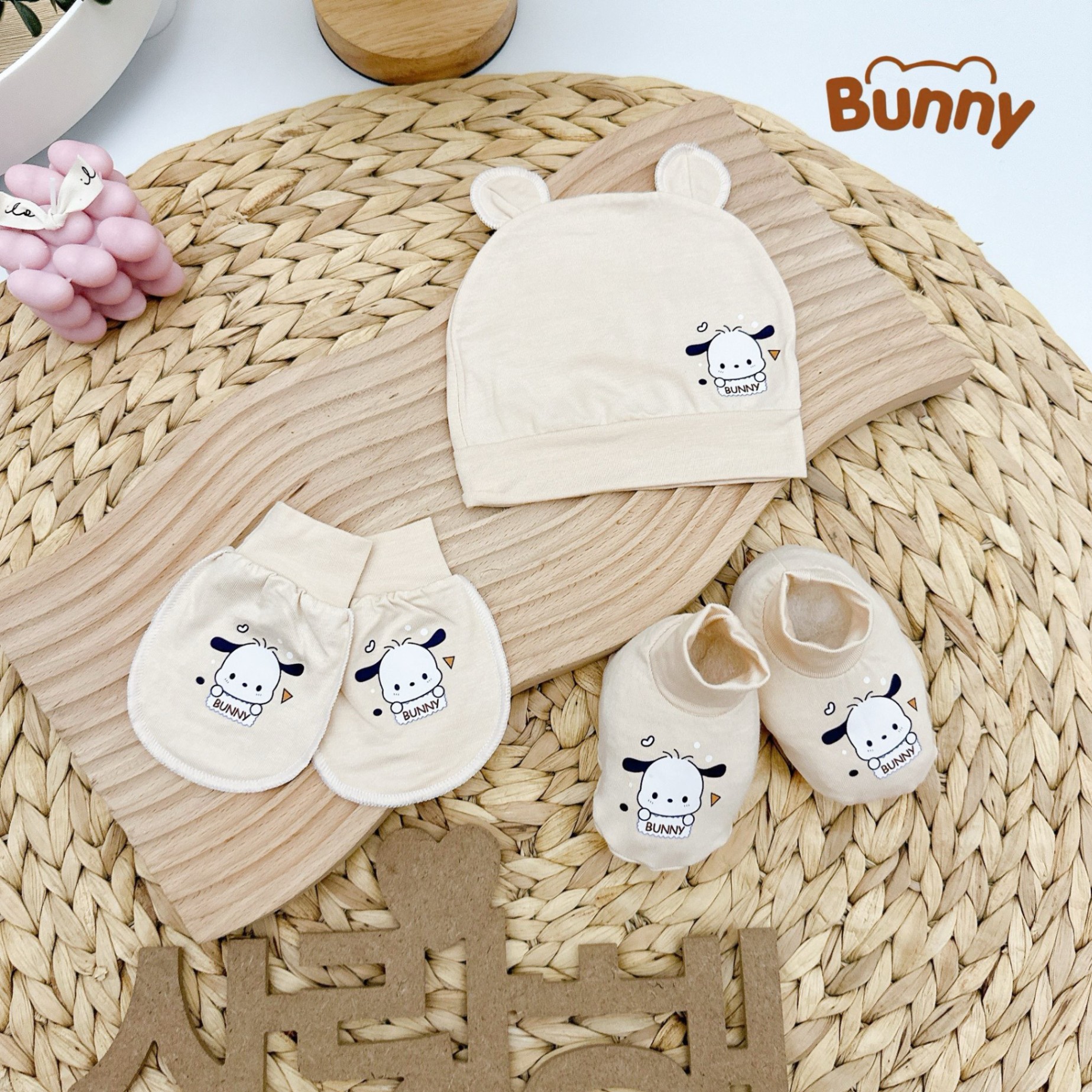 Set mũ bao tay bao chân cho bé sơ sinh Bunny in hình tông màu pastel vải Petit mềm mại mát mẻ cho bé hoạ tiết dễ thương