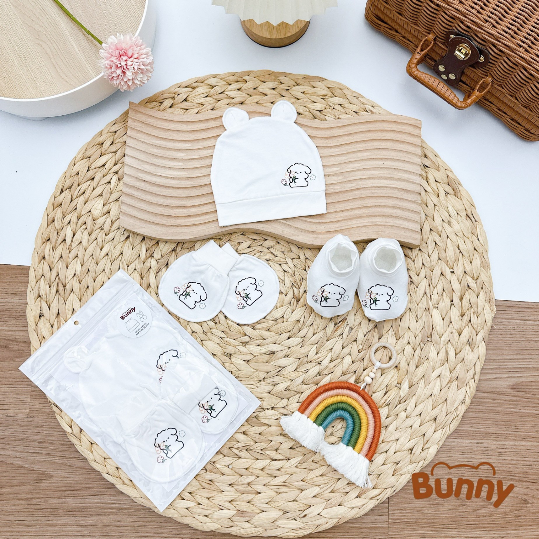 Set mũ bao tay bao chân cho bé sơ sinh Bunny hình cún vải Petit cao cấp mềm mại thoáng mát phù hợp cho làn da nhạy cảm của bé yêu