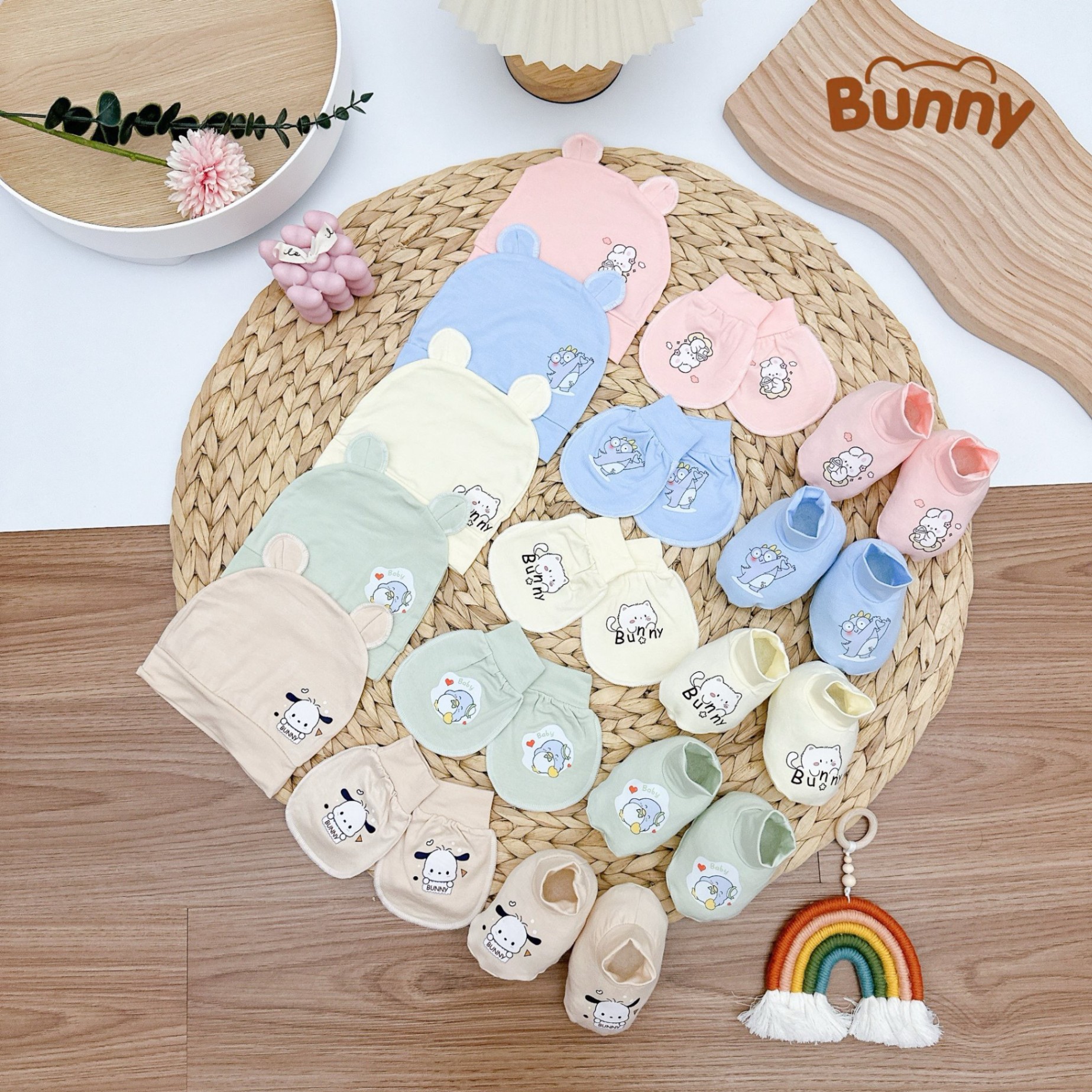 Set mũ bao tay bao chân cho bé sơ sinh Bunny in hình tông màu pastel vải Petit mềm mại mát mẻ cho bé hoạ tiết dễ thương