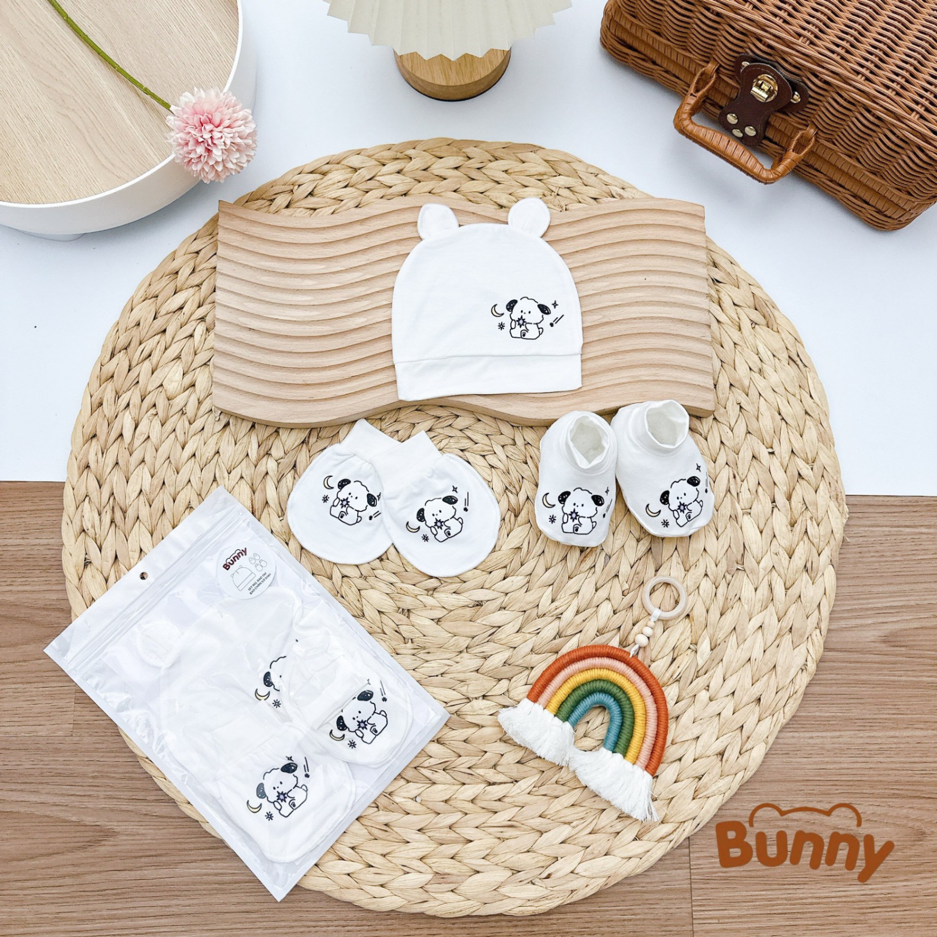 Set mũ bao tay bao chân cho bé sơ sinh Bunny hình cún vải Petit cao cấp mềm mại thoáng mát phù hợp cho làn da nhạy cảm của bé yêu