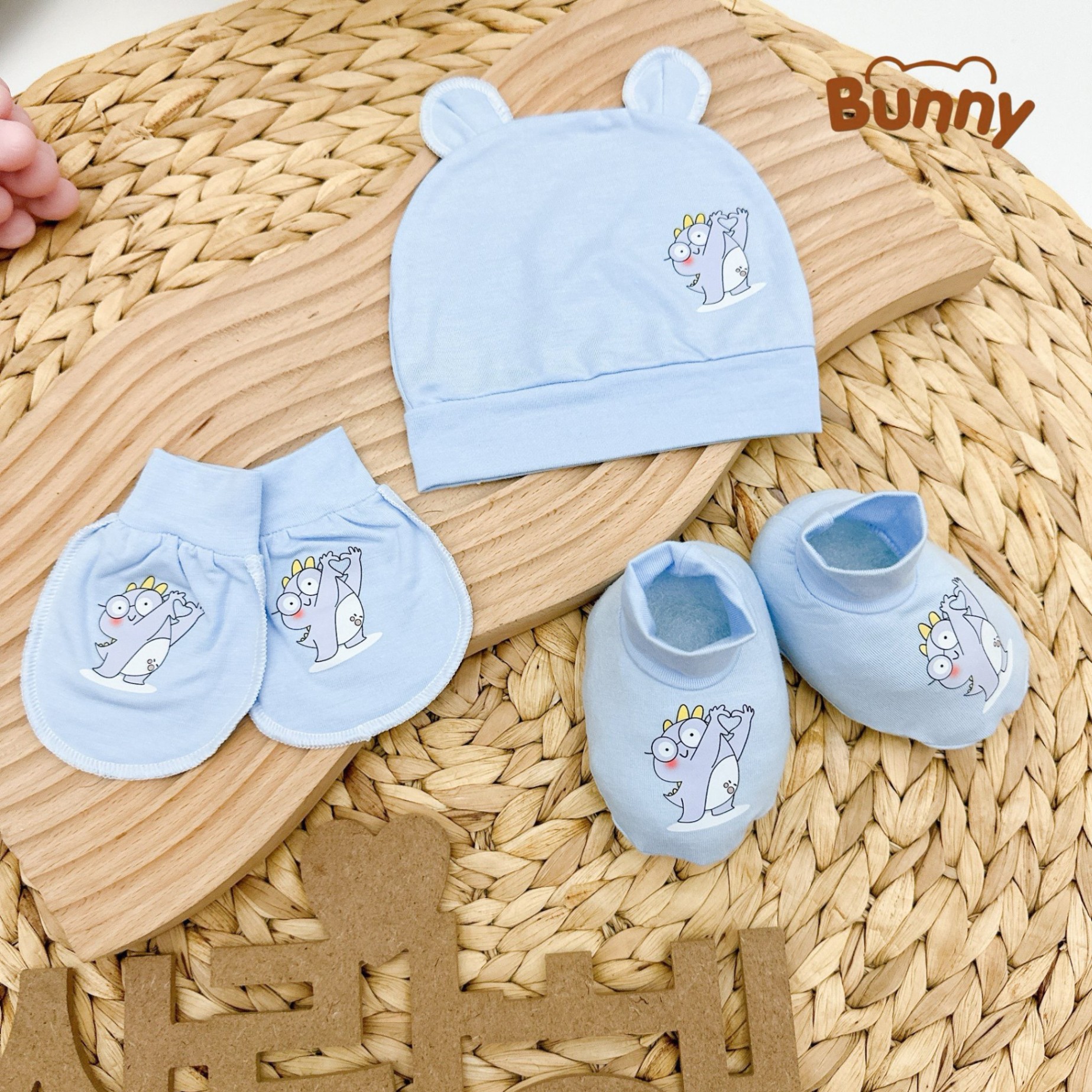 Set mũ bao tay bao chân cho bé sơ sinh Bunny in hình tông màu pastel vải Petit mềm mại mát mẻ cho bé hoạ tiết dễ thương