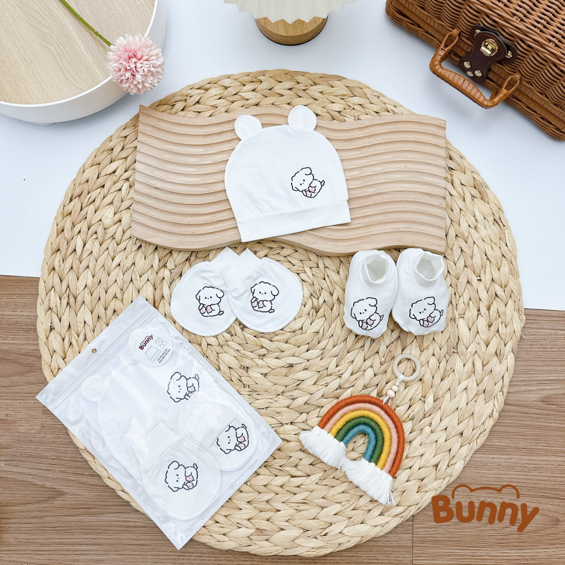 Set mũ bao tay bao chân cho bé sơ sinh Bunny hình cún vải Petit cao cấp mềm mại thoáng mát phù hợp cho làn da nhạy cảm của bé yêu