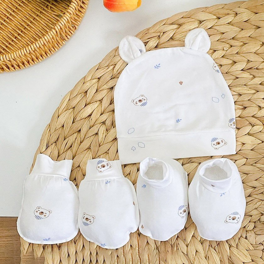 Set mũ bao tay bao chân cho bé sơ sinh Bunny hình in style Hàn, tông trắng vải Petit mềm mại mát mẻ cho bé yêu