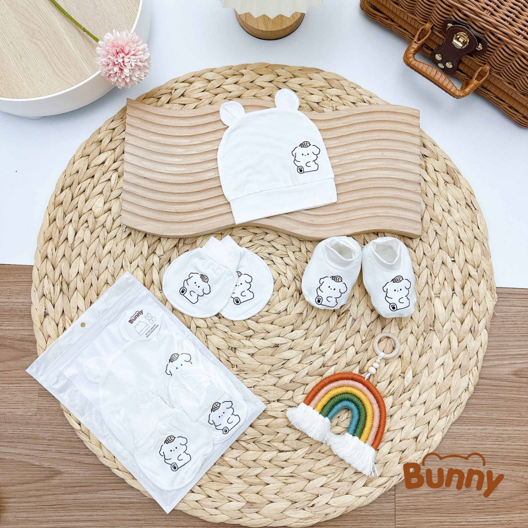 Set mũ bao tay bao chân cho bé sơ sinh Bunny hình cún vải Petit cao cấp mềm mại thoáng mát phù hợp cho làn da nhạy cảm của bé yêu