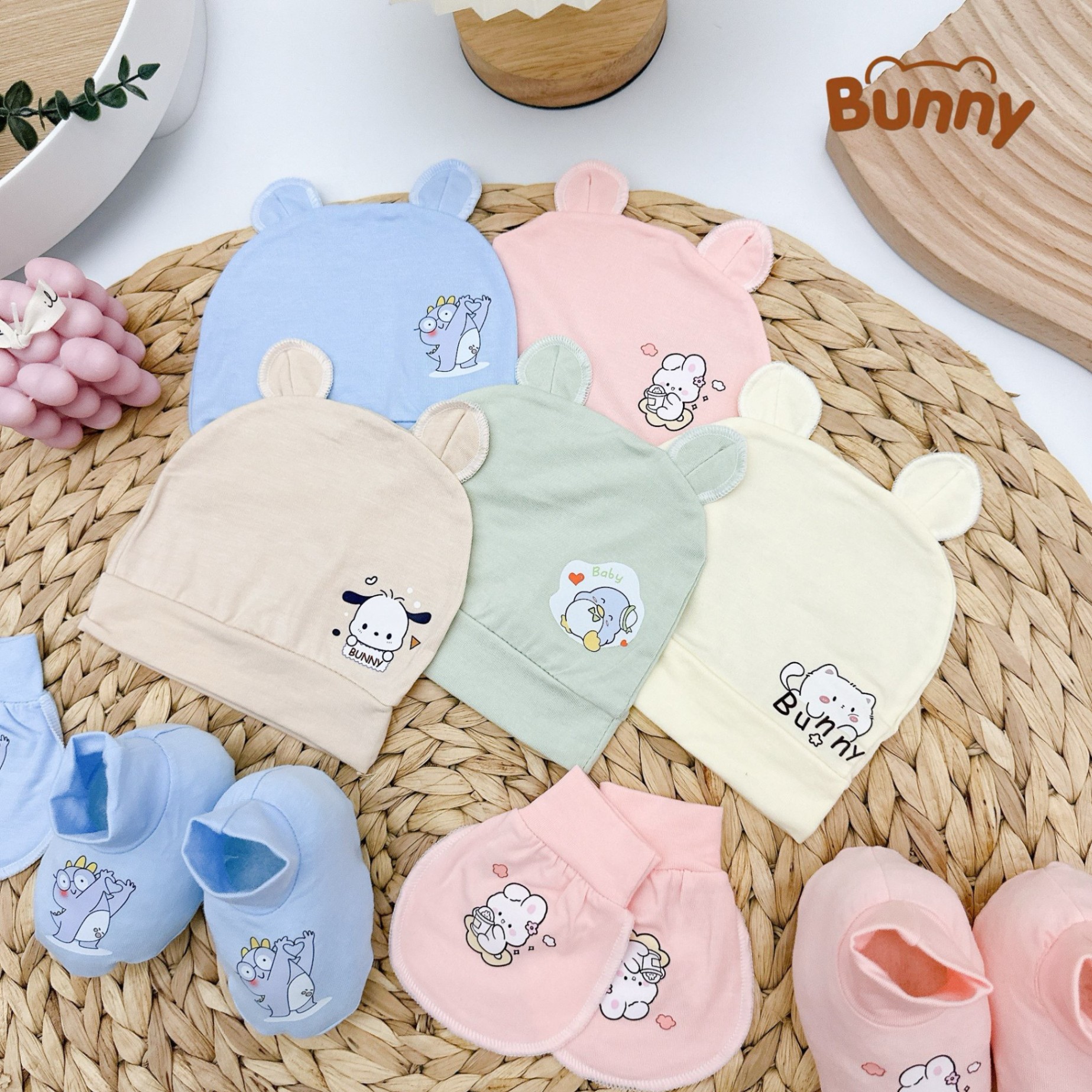 Set mũ bao tay bao chân cho bé sơ sinh Bunny in hình tông màu pastel vải Petit mềm mại mát mẻ cho bé hoạ tiết dễ thương