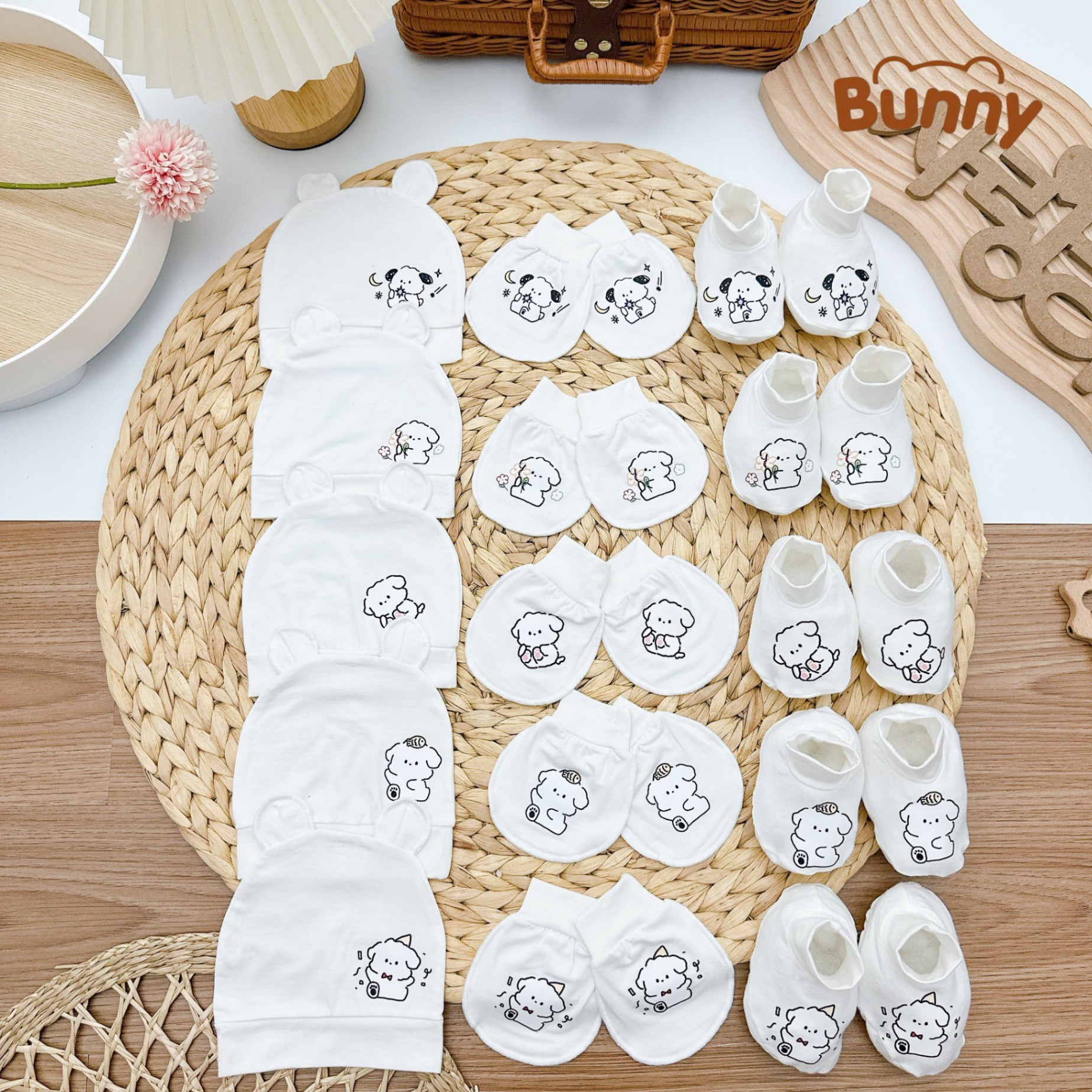 Set mũ bao tay bao chân cho bé sơ sinh Bunny hình cún vải Petit cao cấp mềm mại thoáng mát phù hợp cho làn da nhạy cảm của bé yêu