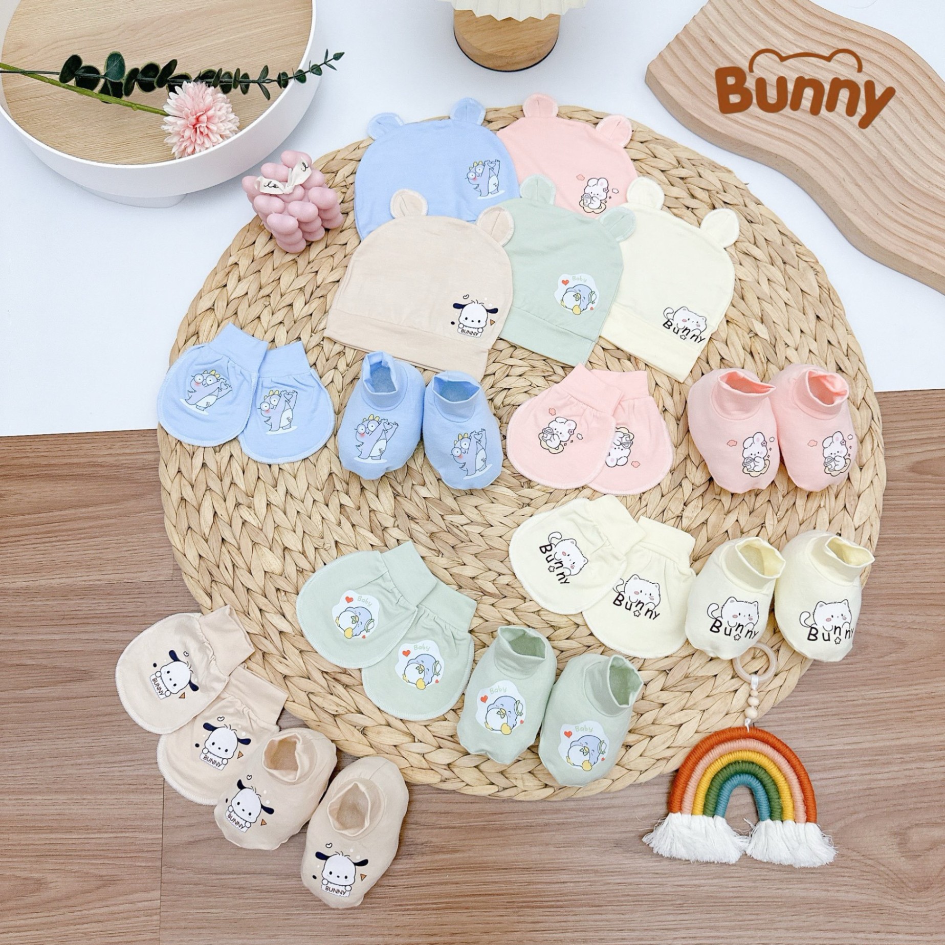 Set mũ bao tay bao chân cho bé sơ sinh Bunny in hình tông màu pastel vải Petit mềm mại mát mẻ cho bé hoạ tiết dễ thương