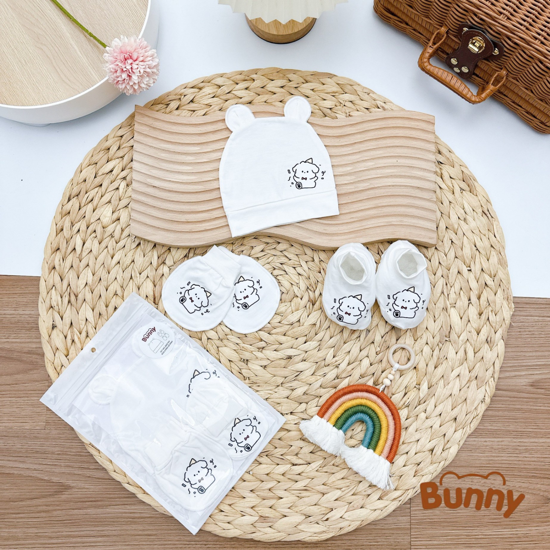 Set mũ bao tay bao chân cho bé sơ sinh Bunny hình cún vải Petit cao cấp mềm mại thoáng mát phù hợp cho làn da nhạy cảm của bé yêu