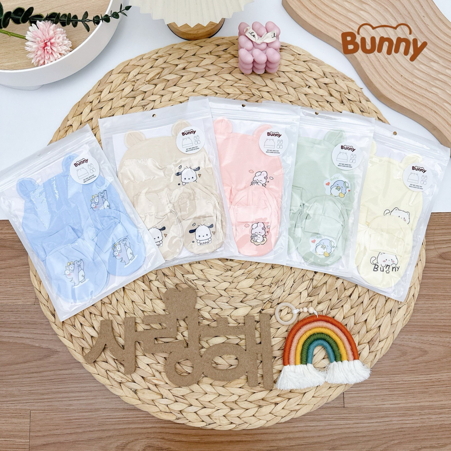 Set mũ bao tay bao chân cho bé sơ sinh Bunny in hình tông màu pastel vải Petit mềm mại mát mẻ cho bé hoạ tiết dễ thương