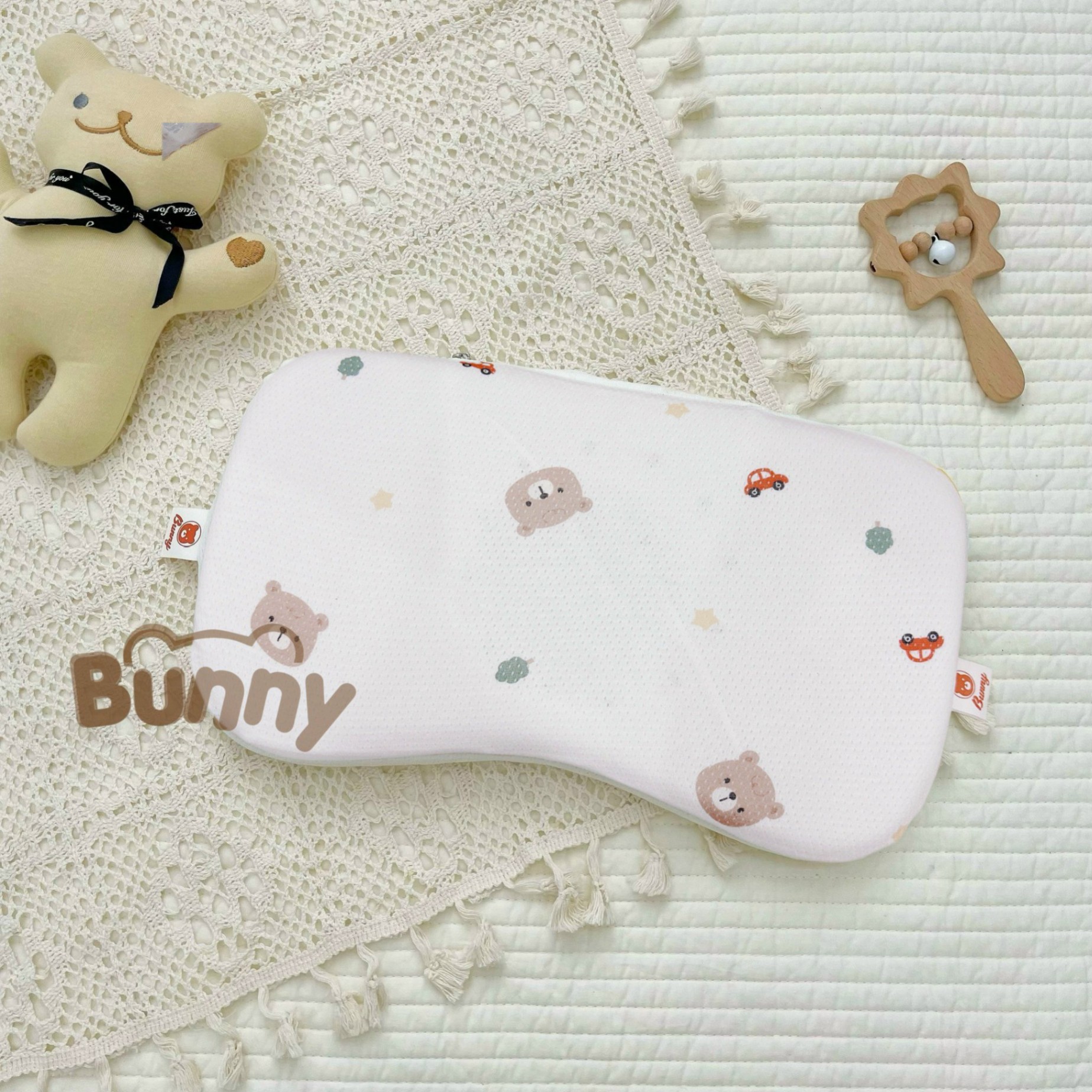 Gối cao su non cho bé sơ sinh chống bẹp đầu Bunny vải thở 100% cotton co giãn 4 chiều thông hơi êm mềm dễ chịu thấm hút tốt thoáng mát