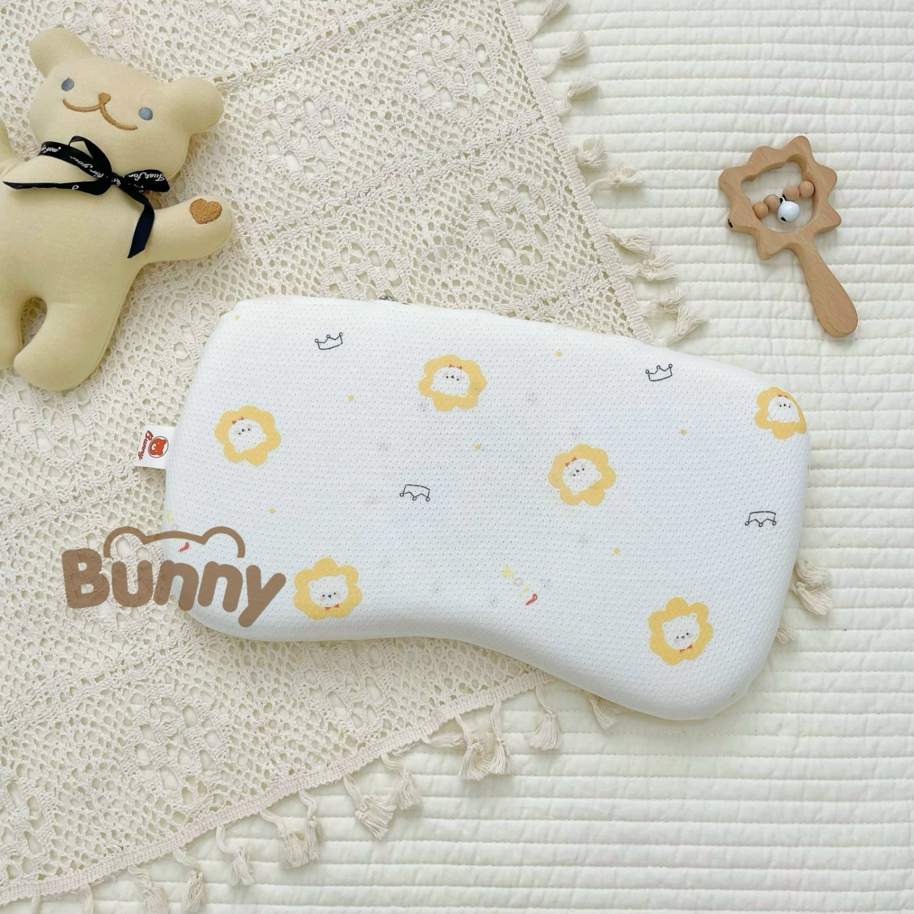 Gối cao su non cho bé sơ sinh chống bẹp đầu Bunny vải thở 100% cotton co giãn 4 chiều thông hơi êm mềm dễ chịu thấm hút tốt thoáng mát