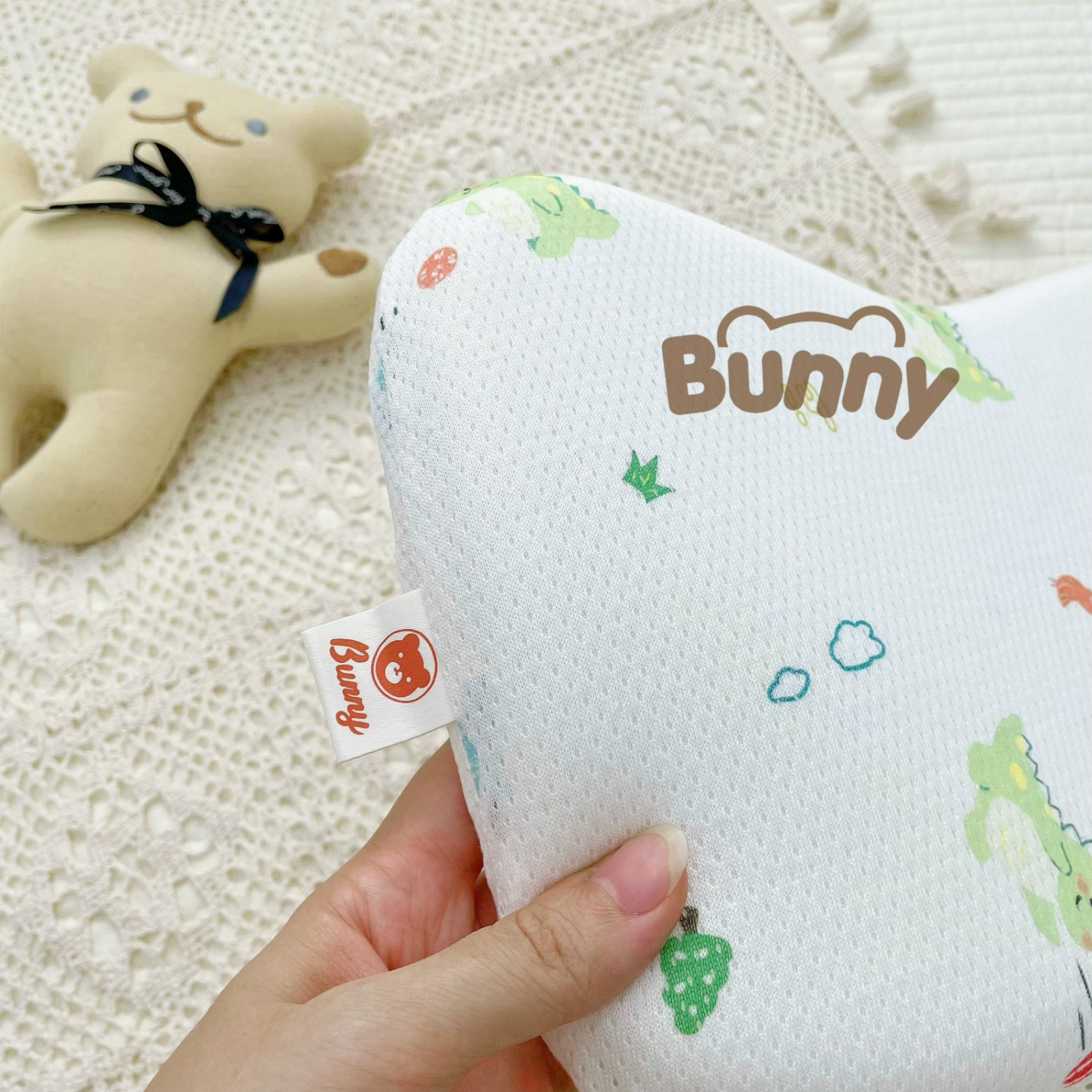 Gối cao su non cho bé sơ sinh chống bẹp đầu Bunny vải thở 100% cotton co giãn 4 chiều thông hơi êm mềm dễ chịu thấm hút tốt thoáng mát