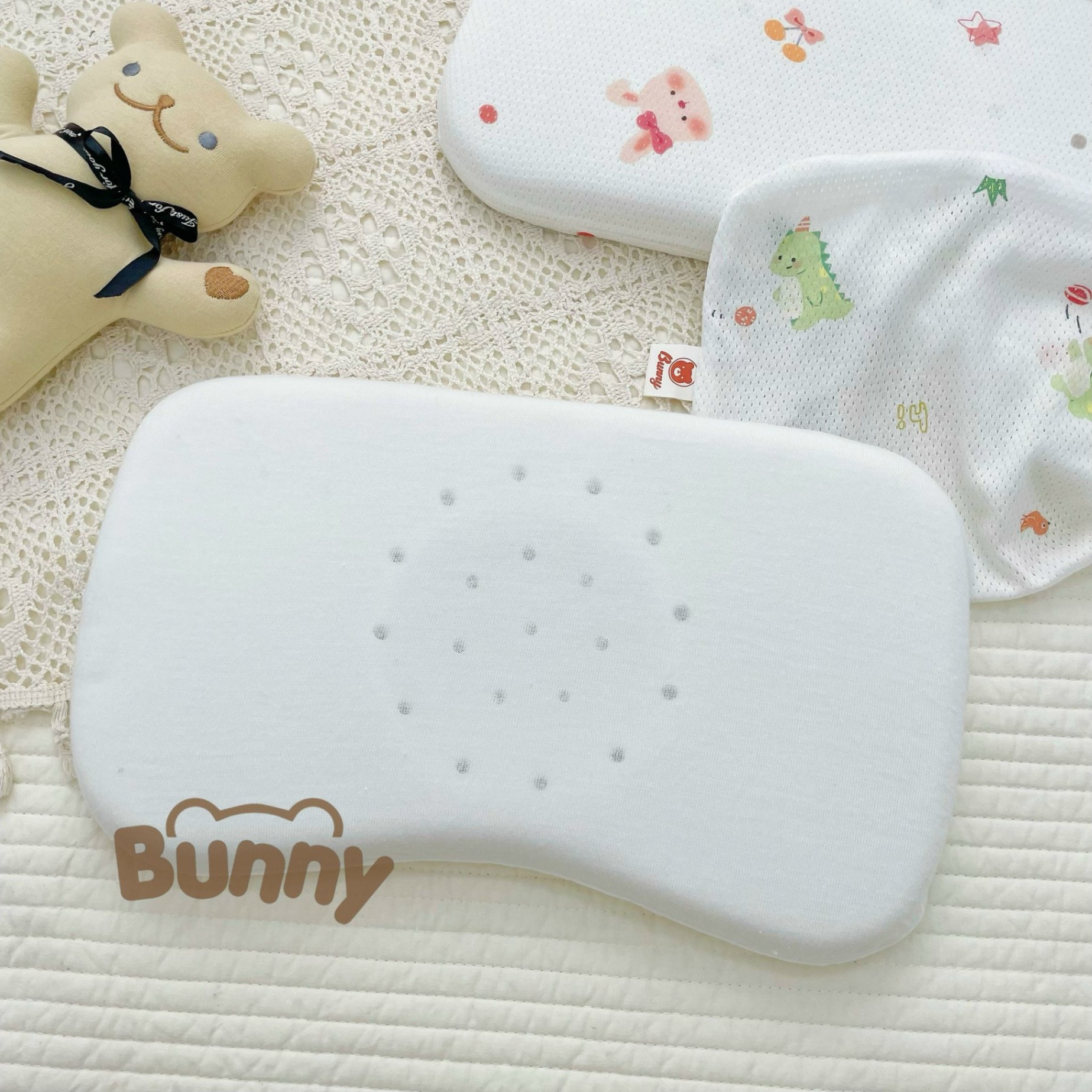 Gối cao su non cho bé sơ sinh chống bẹp đầu Bunny vải thở 100% cotton co giãn 4 chiều thông hơi êm mềm dễ chịu thấm hút tốt thoáng mát