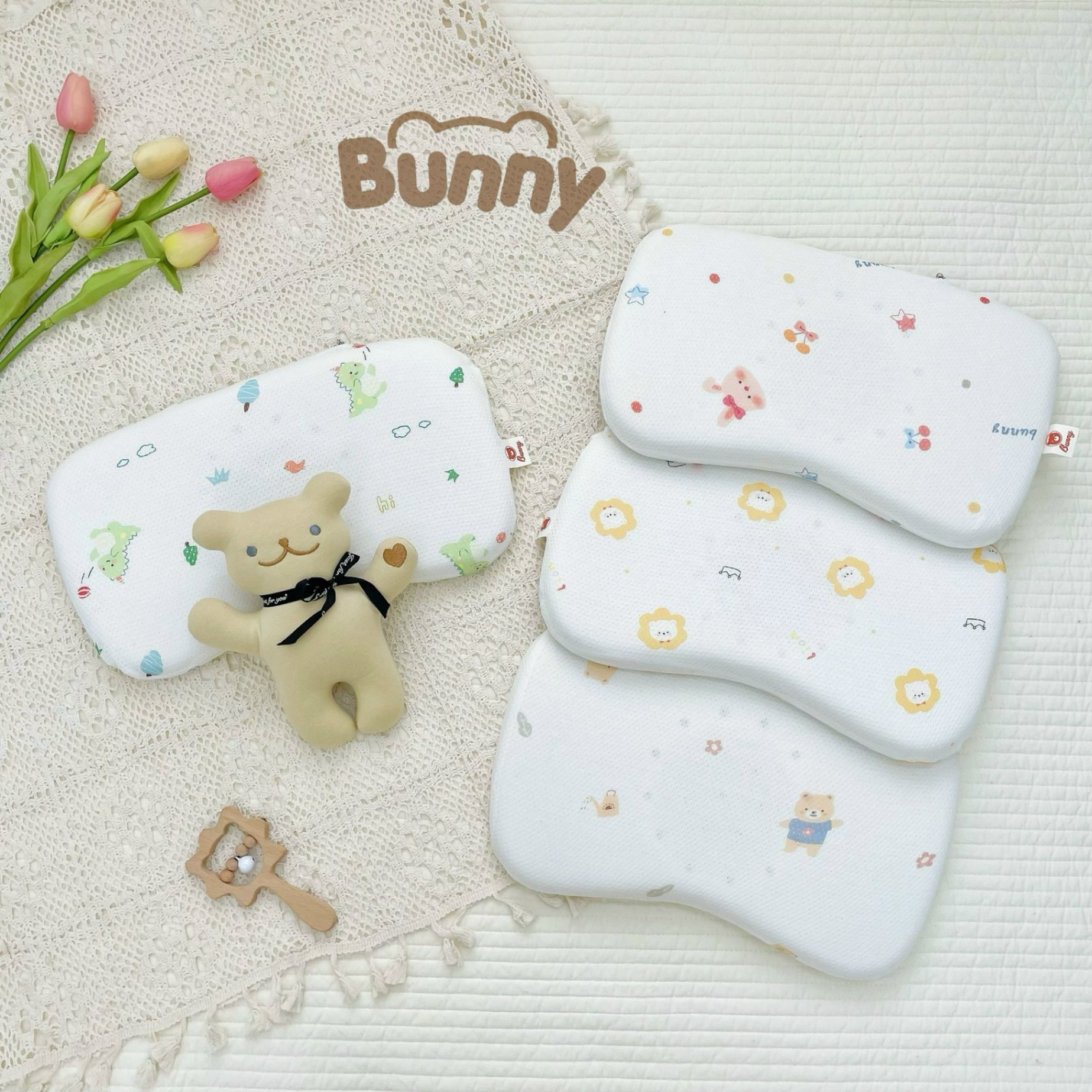 Gối cao su non cho bé sơ sinh chống bẹp đầu Bunny vải thở 100% cotton co giãn 4 chiều thông hơi êm mềm dễ chịu thấm hút tốt thoáng mát