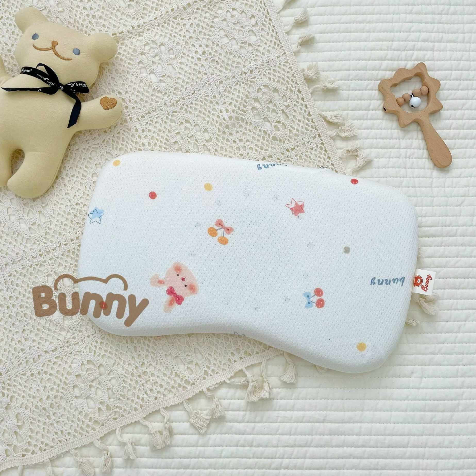 Gối cao su non cho bé sơ sinh chống bẹp đầu Bunny vải thở 100% cotton co giãn 4 chiều thông hơi êm mềm dễ chịu thấm hút tốt thoáng mát