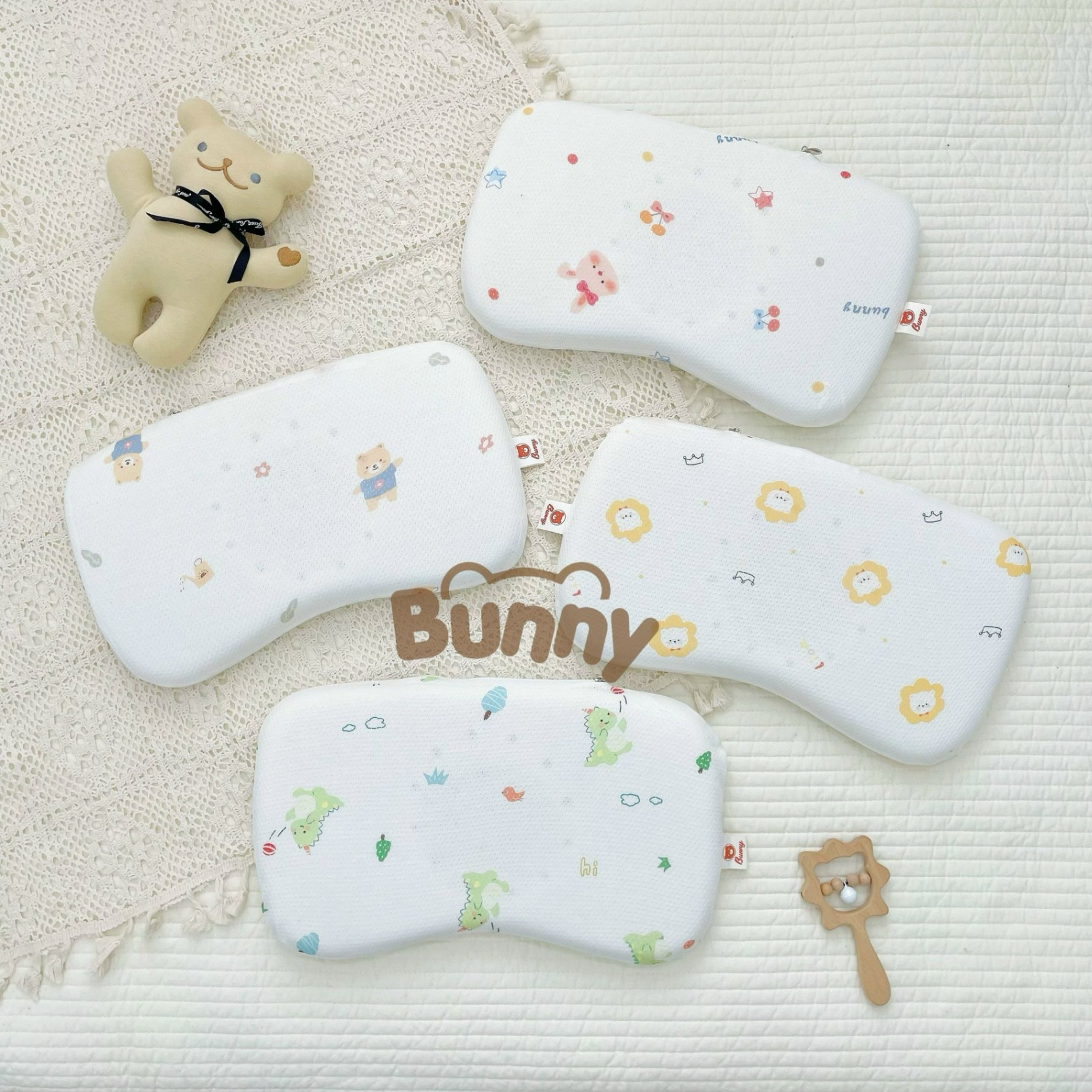 Gối cao su non cho bé sơ sinh chống bẹp đầu Bunny vải thở 100% cotton co giãn 4 chiều thông hơi êm mềm dễ chịu thấm hút tốt thoáng mát