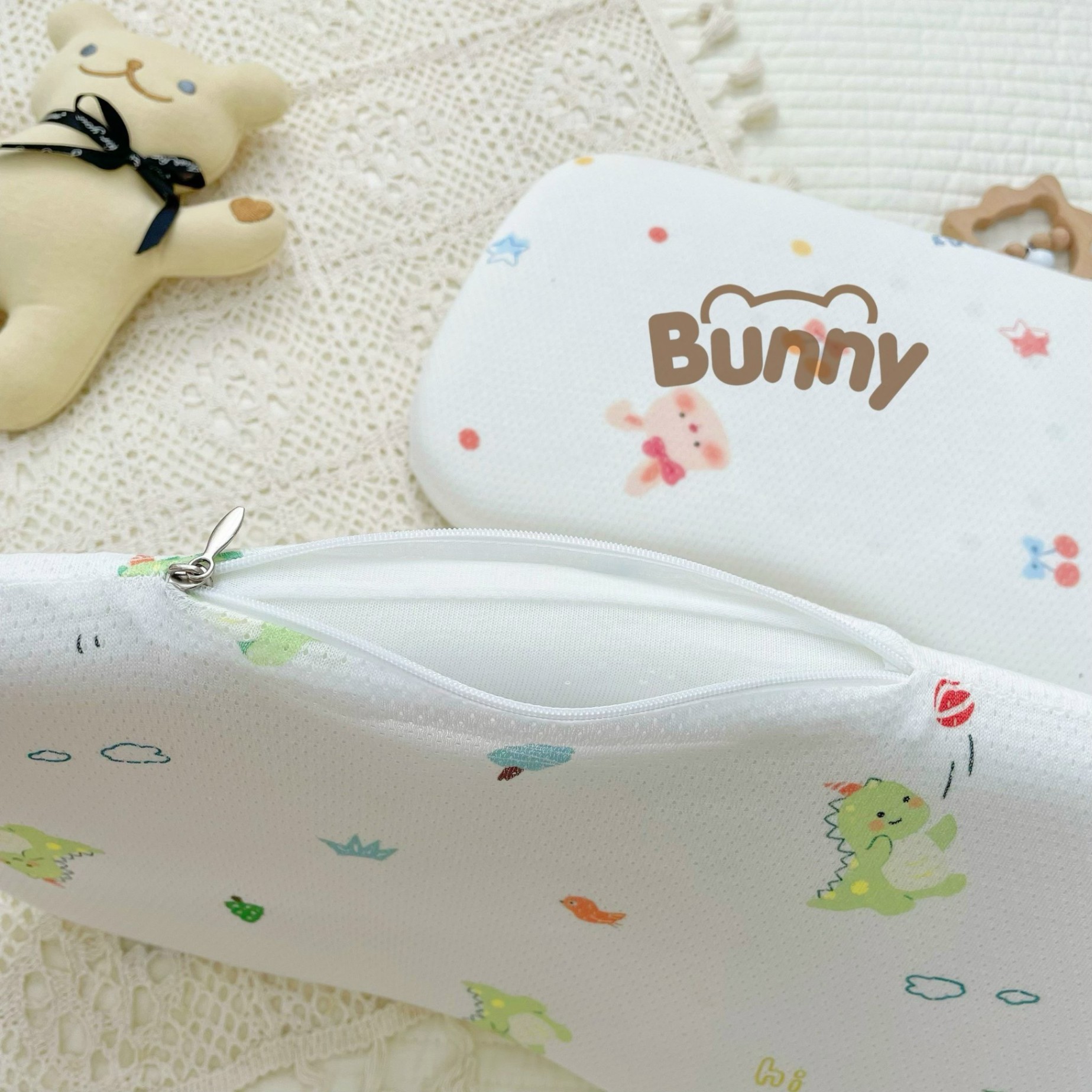 Gối cao su non cho bé sơ sinh chống bẹp đầu Bunny vải thở 100% cotton co giãn 4 chiều thông hơi êm mềm dễ chịu thấm hút tốt thoáng mát