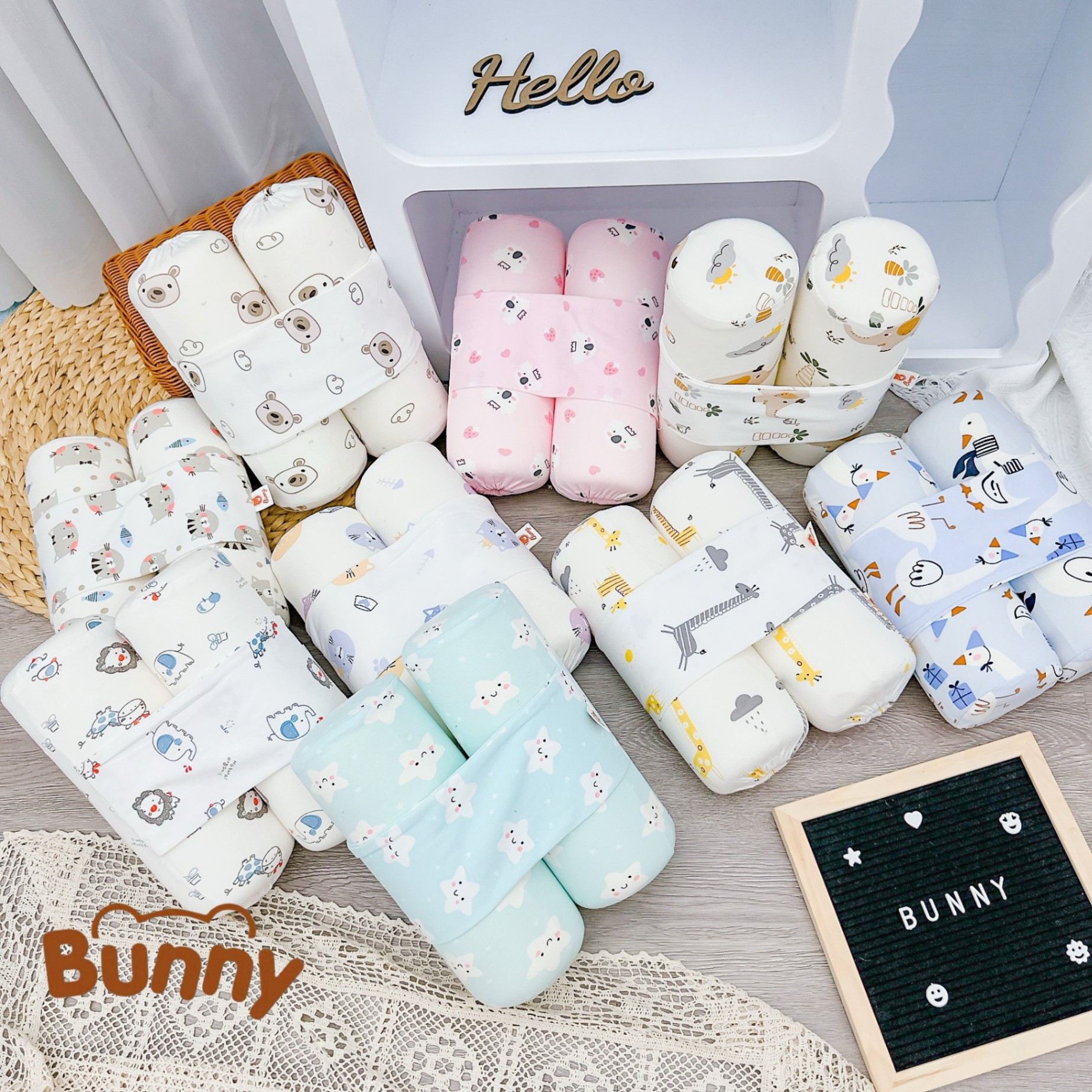 Gối chặn cho bé sơ sinh Bunny chất liệu cao su non cao cấp mềm mại vỏ gối vải thun mềm in hoạ tiết xinh xắn