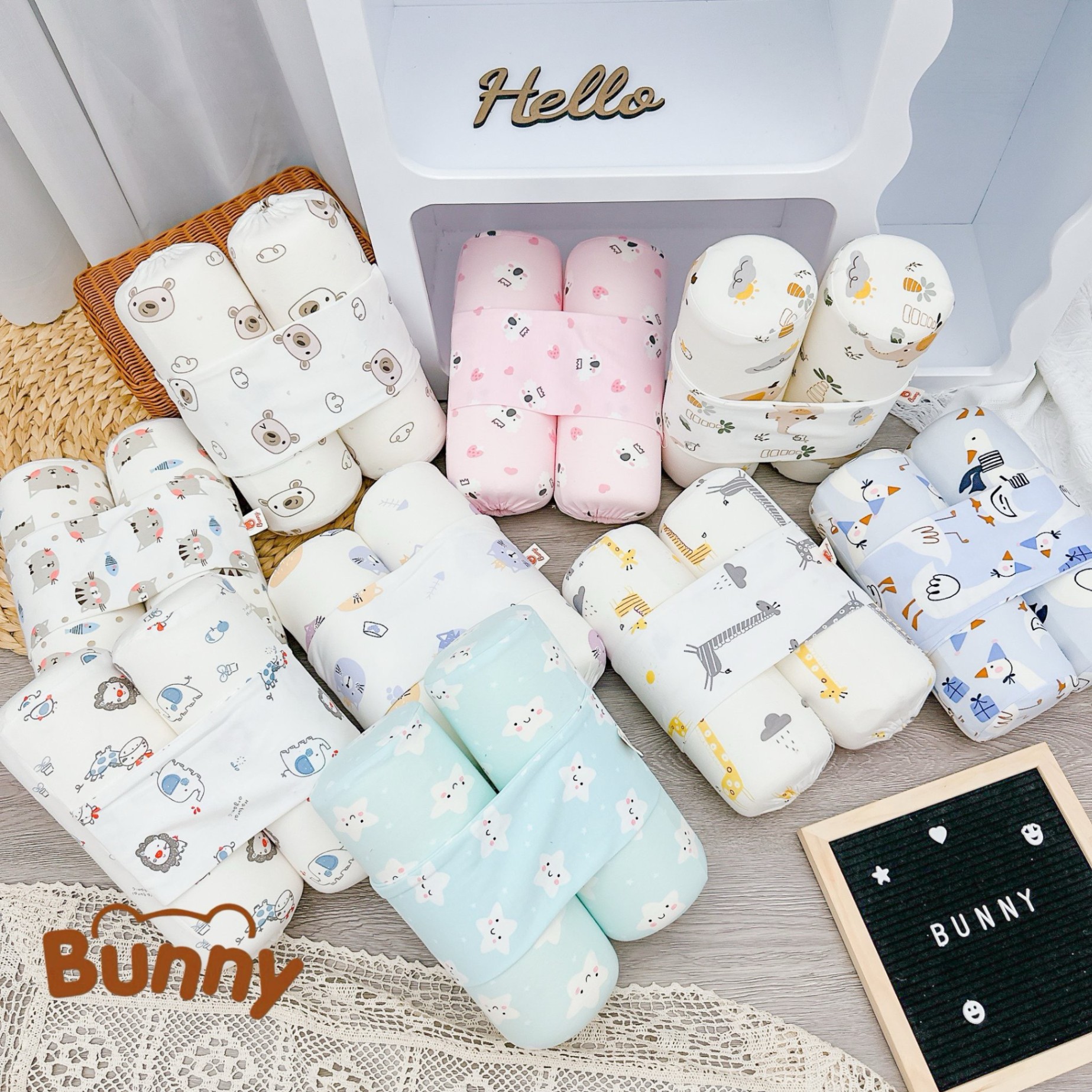 Gối chặn cho bé sơ sinh Bunny chất liệu cao su non cao cấp mềm mại vỏ gối vải thun mềm in hoạ tiết xinh xắn