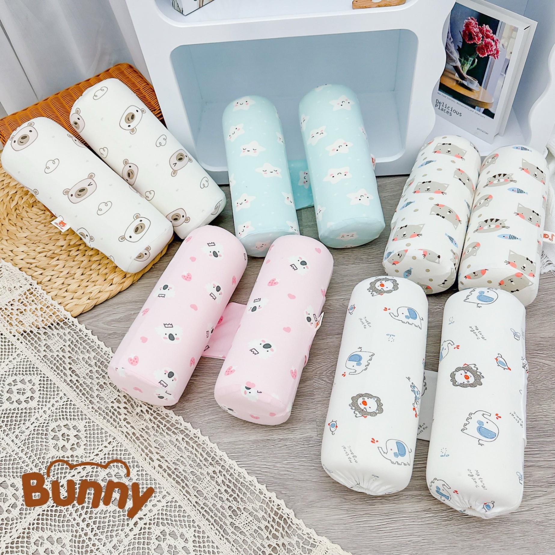 Gối chặn cho bé sơ sinh Bunny chất liệu cao su non cao cấp mềm mại vỏ gối vải thun mềm in hoạ tiết xinh xắn