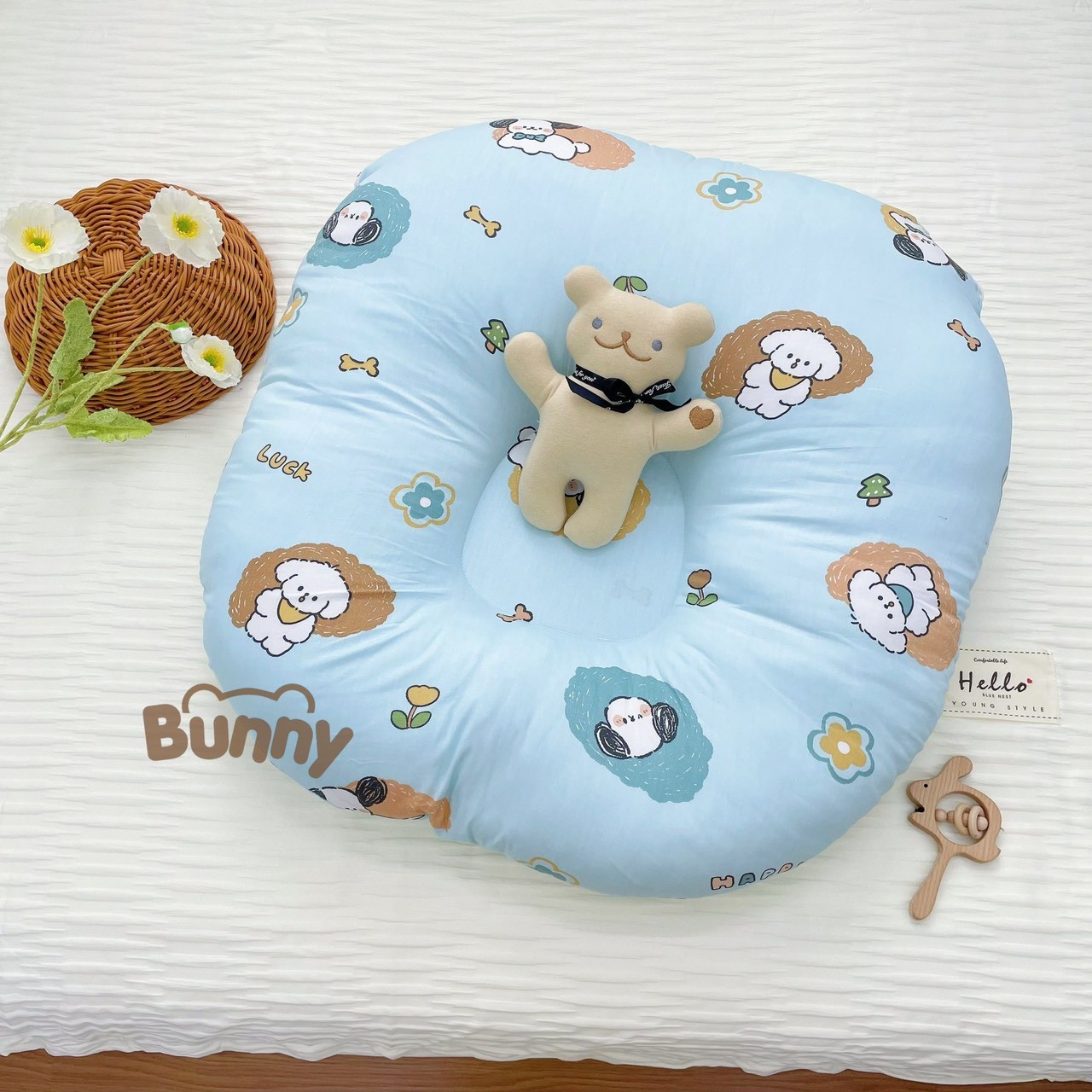 Gối chống trào ngược cho bé Bunny cao cấp vải Cotton Hàn chống nôn trớ an toàn cho bé kích thước 70x70x20cm