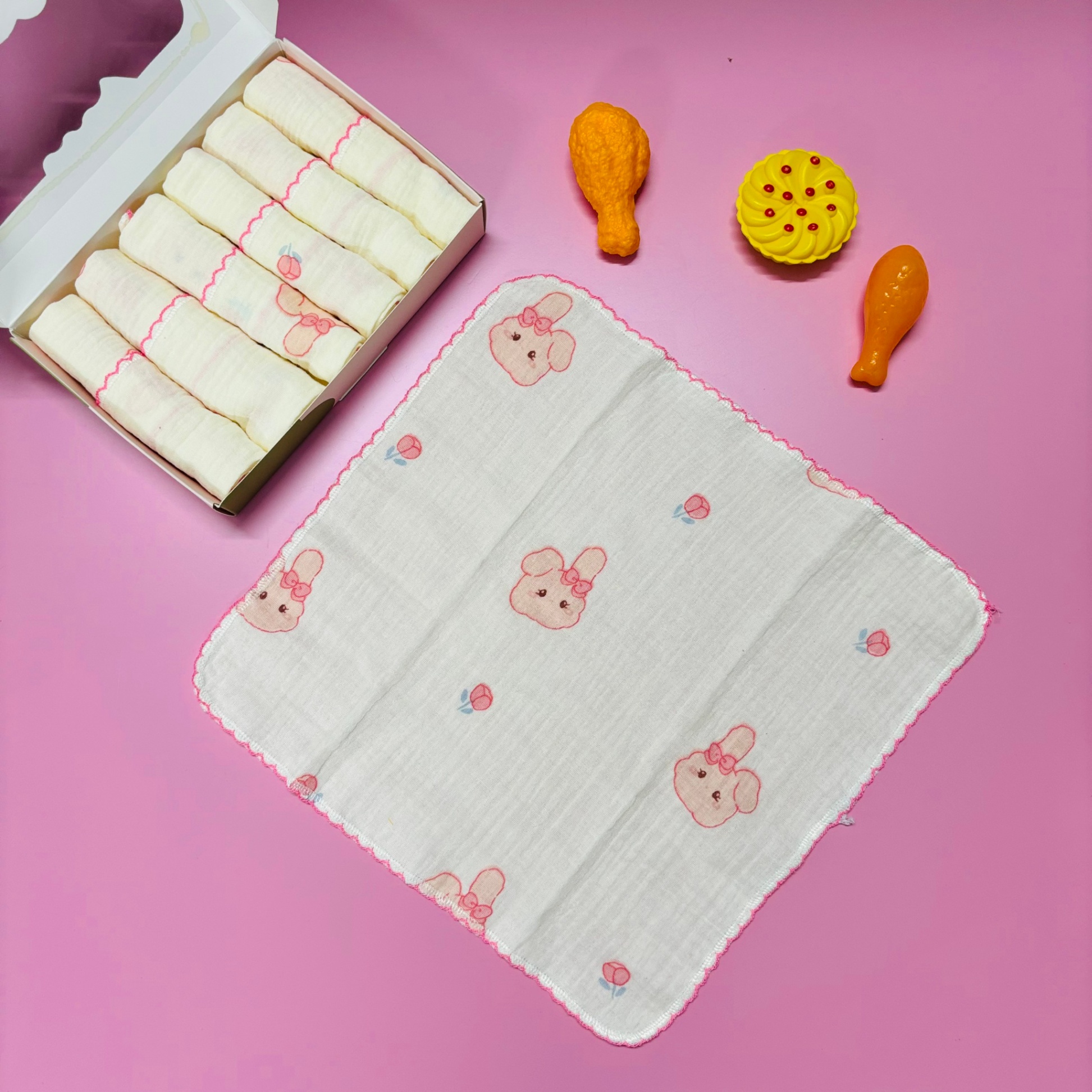 Set 6 khăn sữa vải xô Muslin Bunny 100% Organic 2 lớp dày dặn, thấm hút, kháng khuẩn siêu mềm mịn cho bé sơ sinh