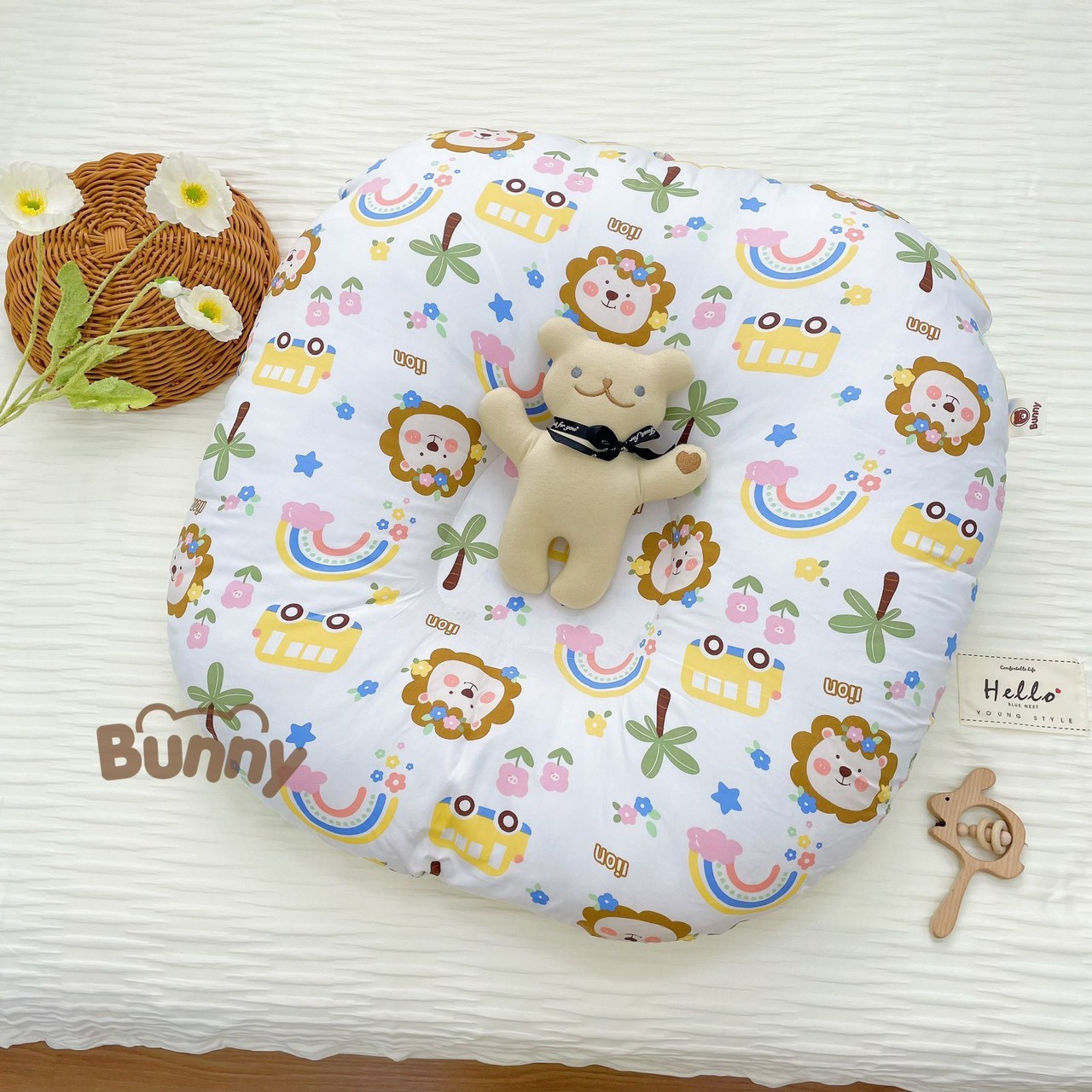 Gối chống trào ngược cho bé Bunny cao cấp vải Cotton Hàn chống nôn trớ an toàn cho bé kích thước 70x70x20cm