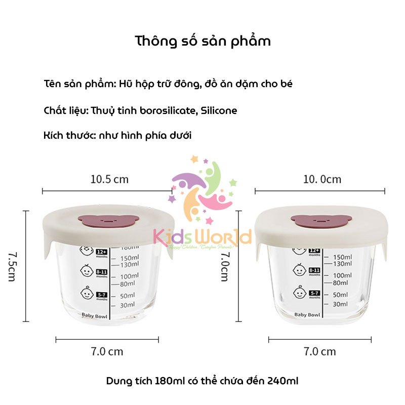 Hộp trữ đồ ăn dặm cho bé hình Gấu có vạch chia hộp trữ đông trữ thức ăn cho bé thủy tinh chịu lạnh, chịu nhiệt dung tích 180ml có thể chứa đến 240ml